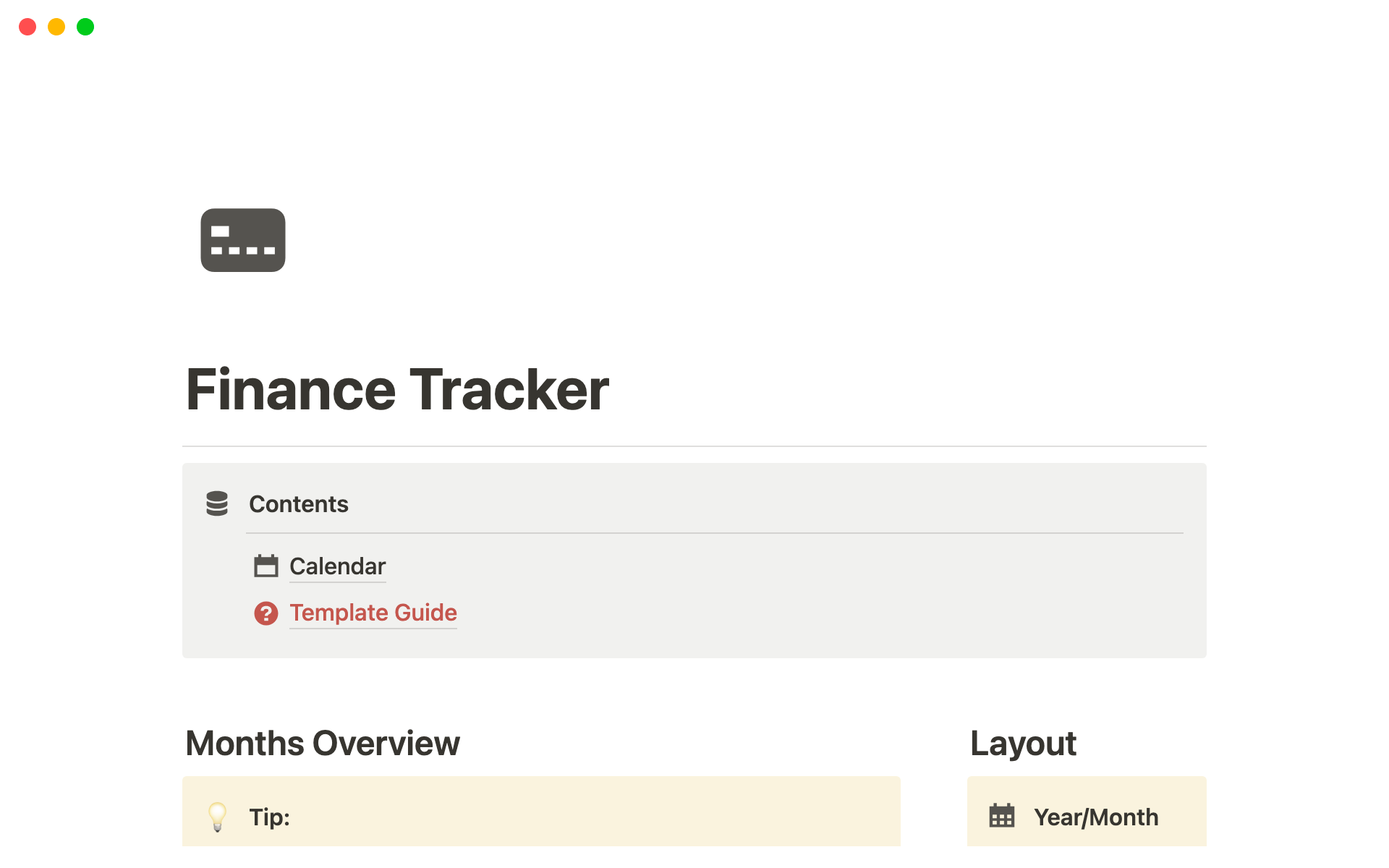 En forhåndsvisning av mal for Notion Finance Tracker