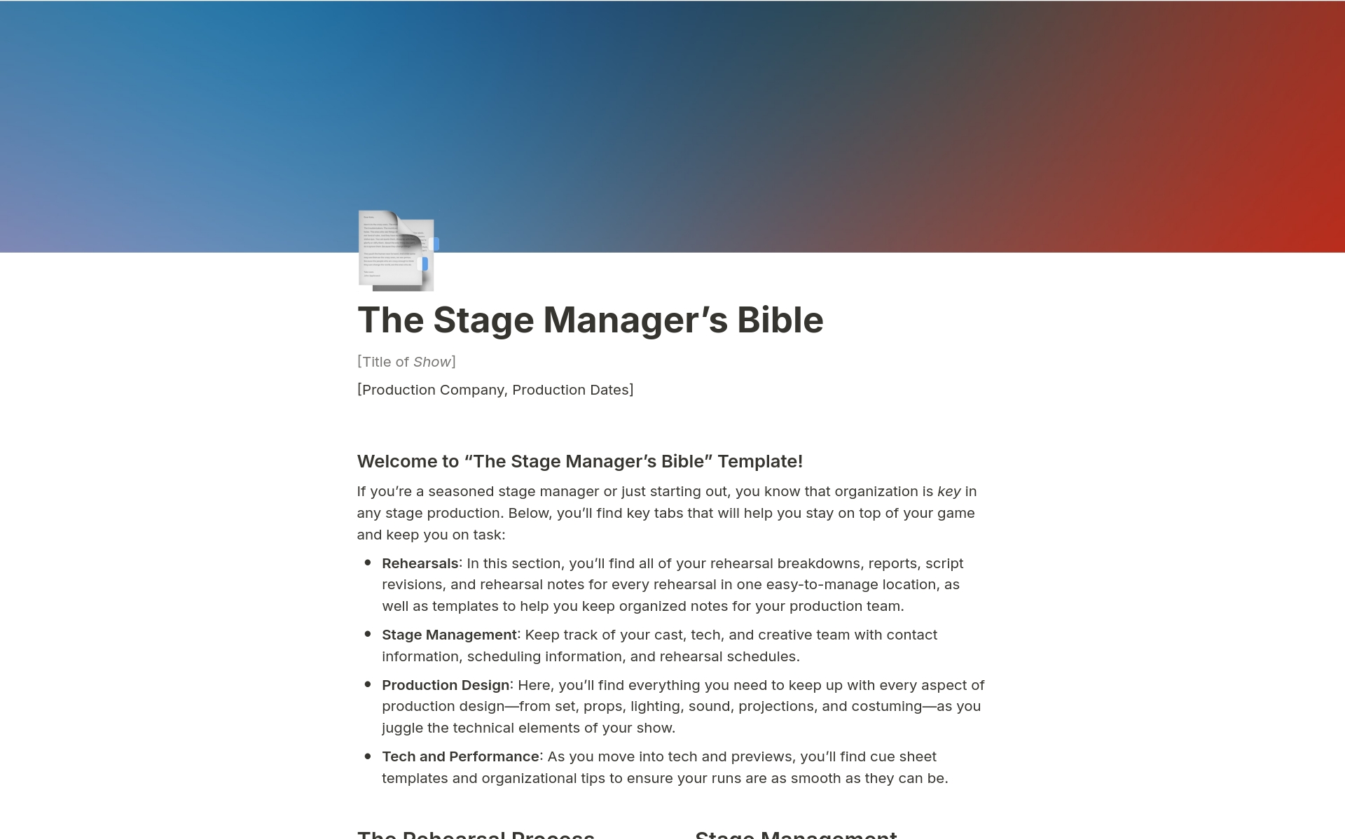 Vista previa de una plantilla para The Stage Manager's Bible
