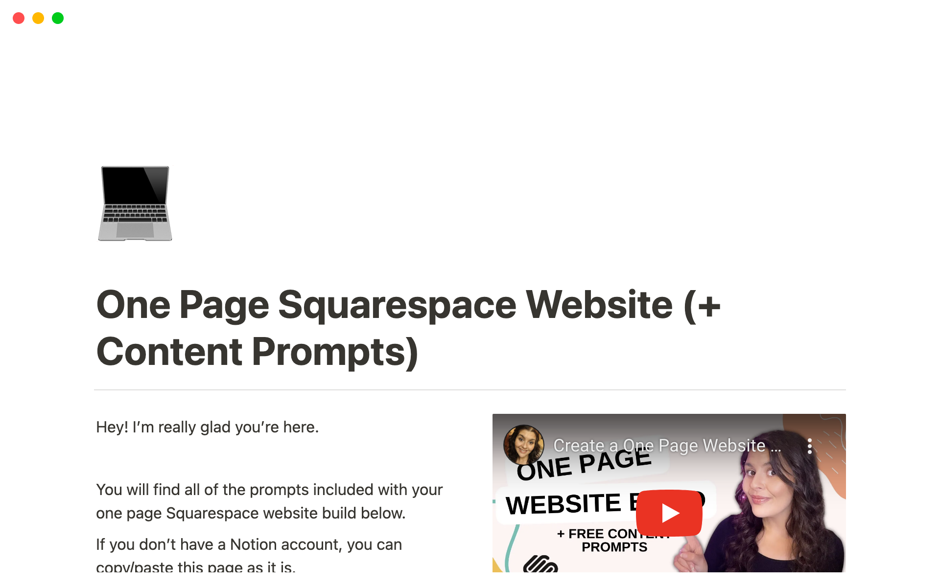 En forhåndsvisning av mal for One Page Squarespace Website (+ Content Prompts)