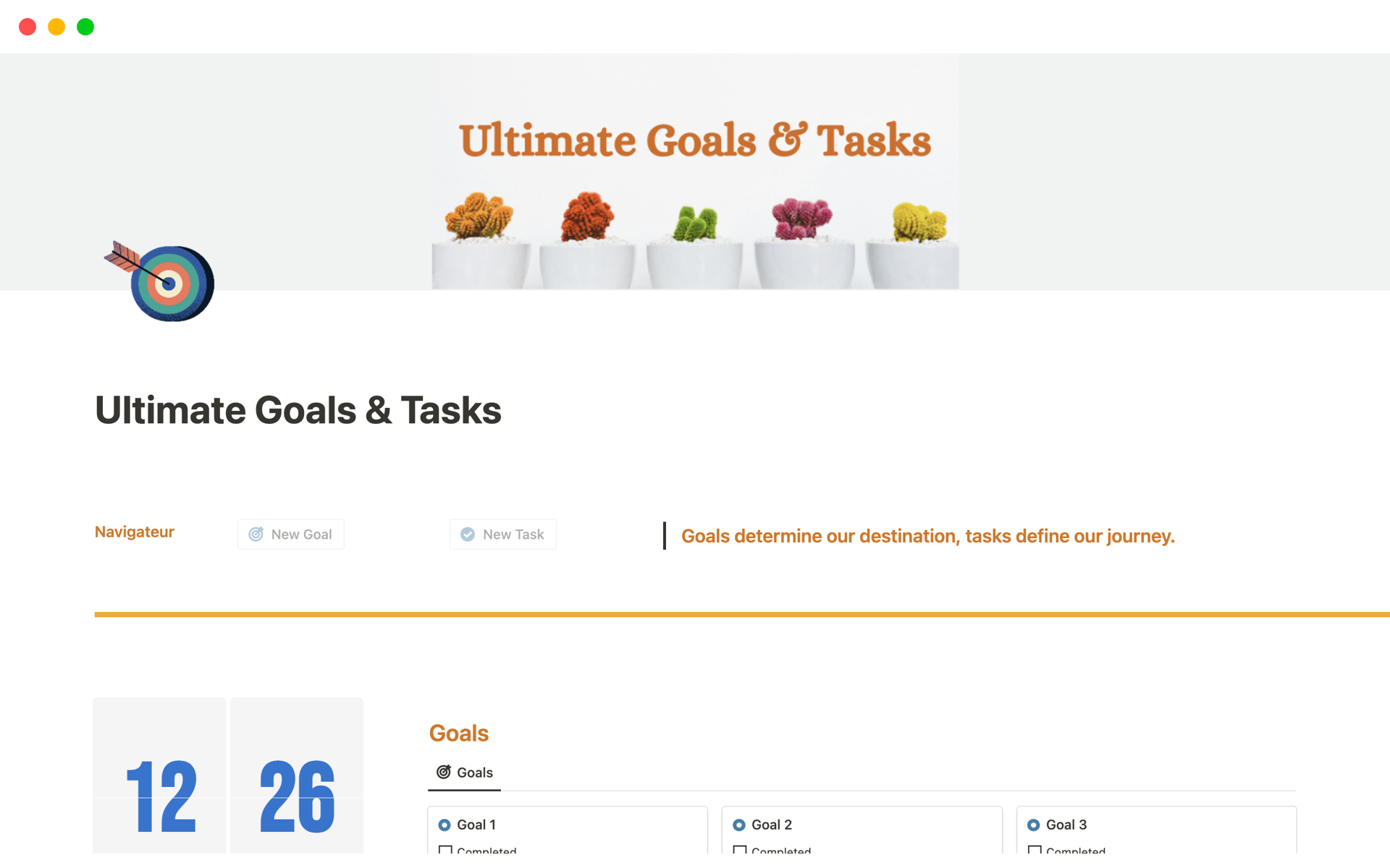 The Goal and Tasks Tracker Dashboard in Notion is a digital workspace tailored for individuals or teams to plan, monitor, and achieve their goals. 

