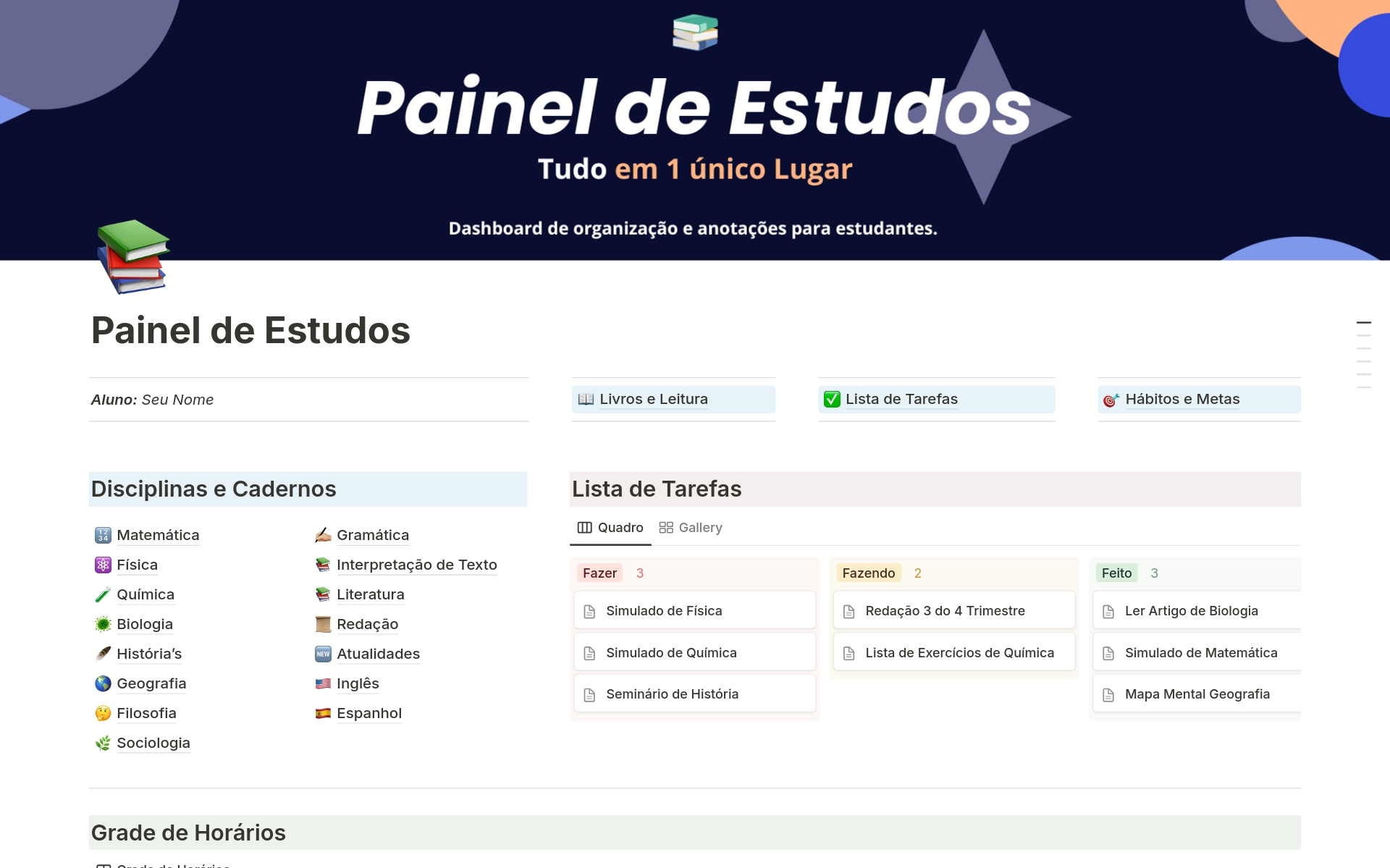 En förhandsgranskning av mallen för Painel de Estudos - Tudo em um Único Lugar