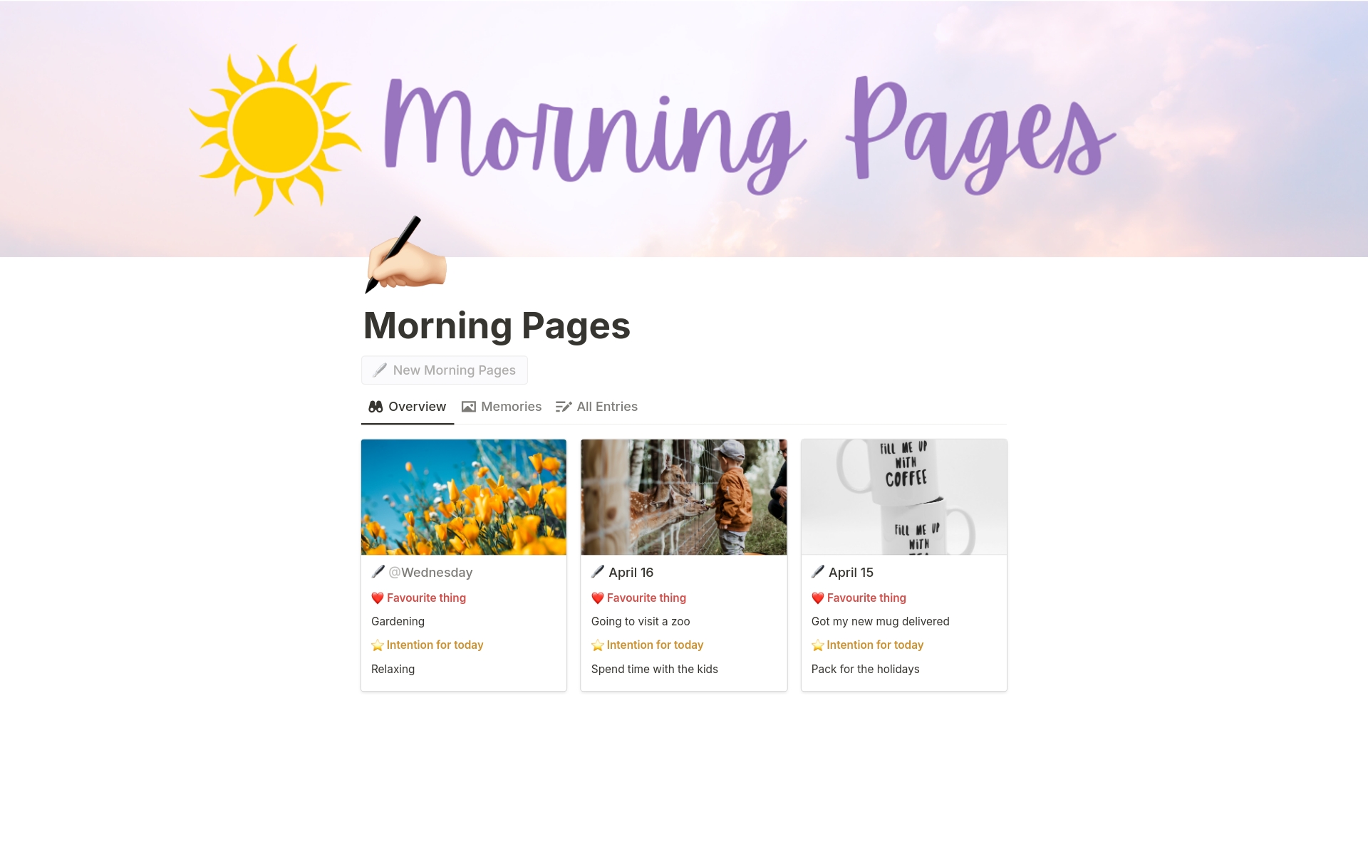 En förhandsgranskning av mallen för Morning Pages & Memories Gallery