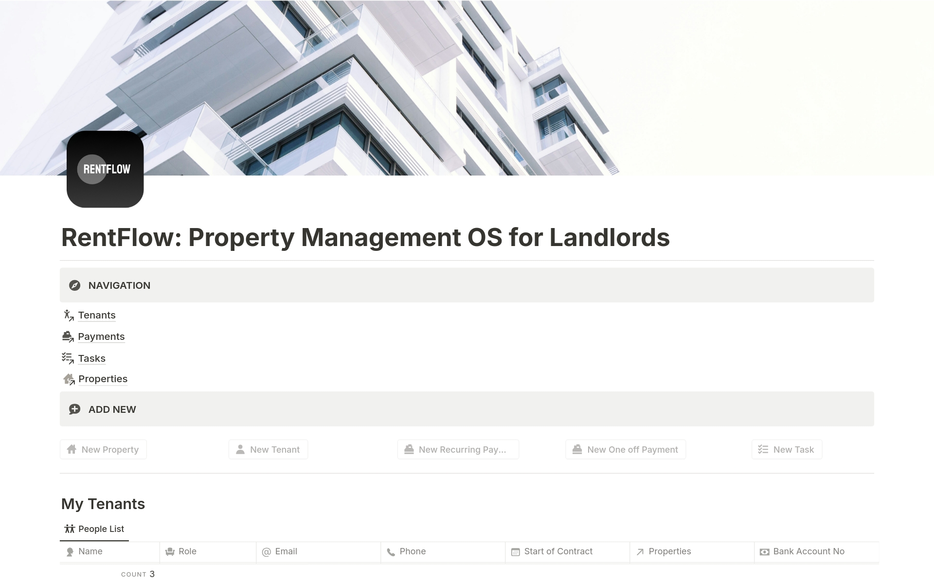 En förhandsgranskning av mallen för RentFlow: Property Management OS for Landlords