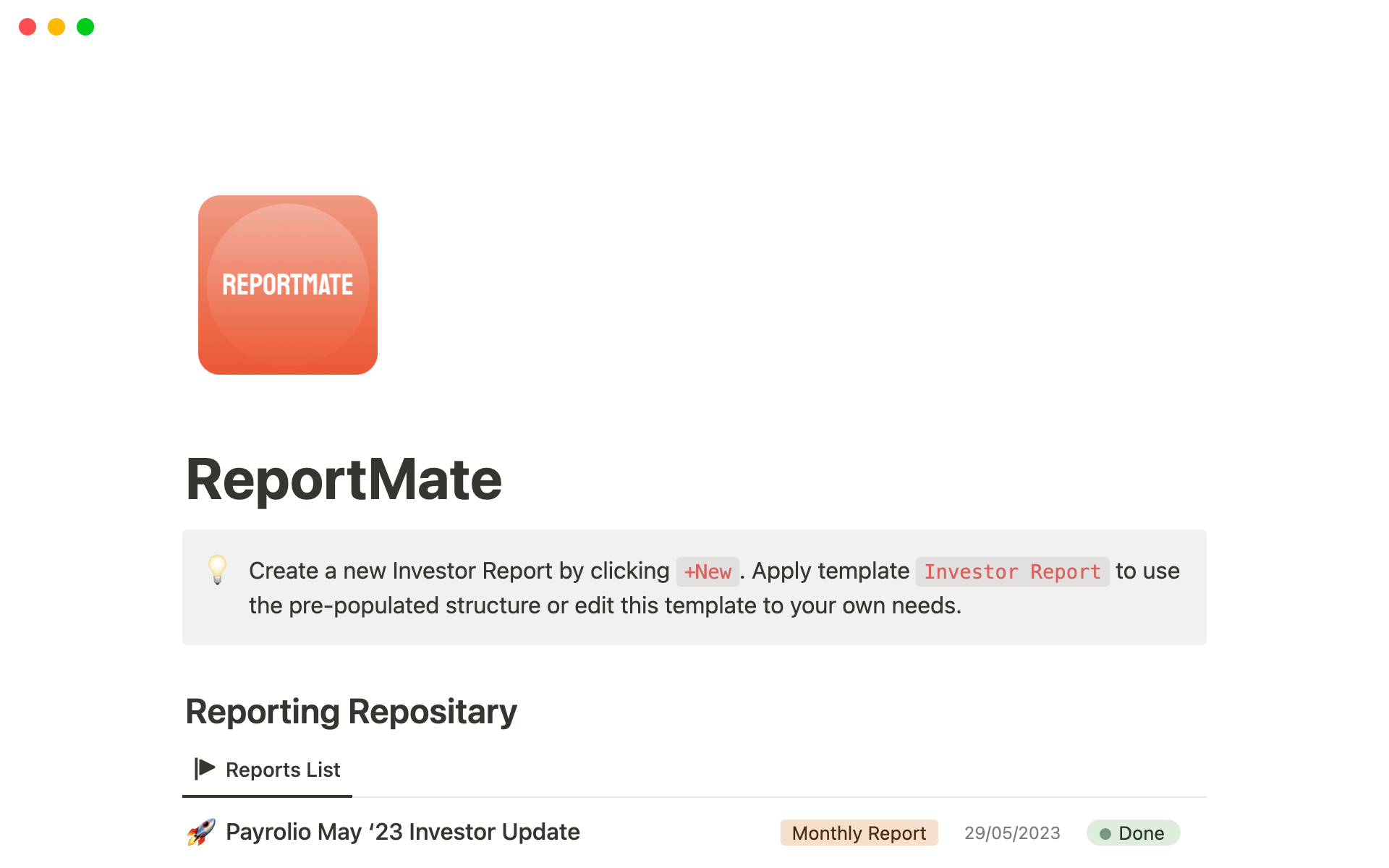 ReportMate is an easy to use solution template for any startup to write and manage regular investor updates