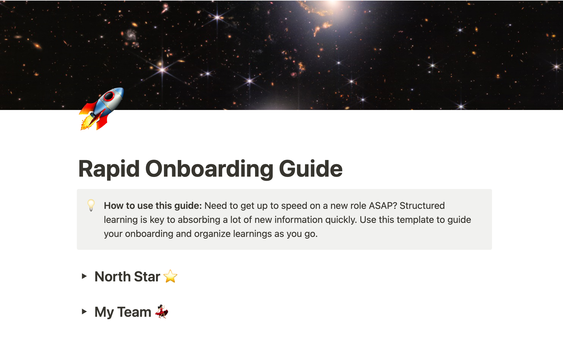 En förhandsgranskning av mallen för Rapid Onboarding Guide