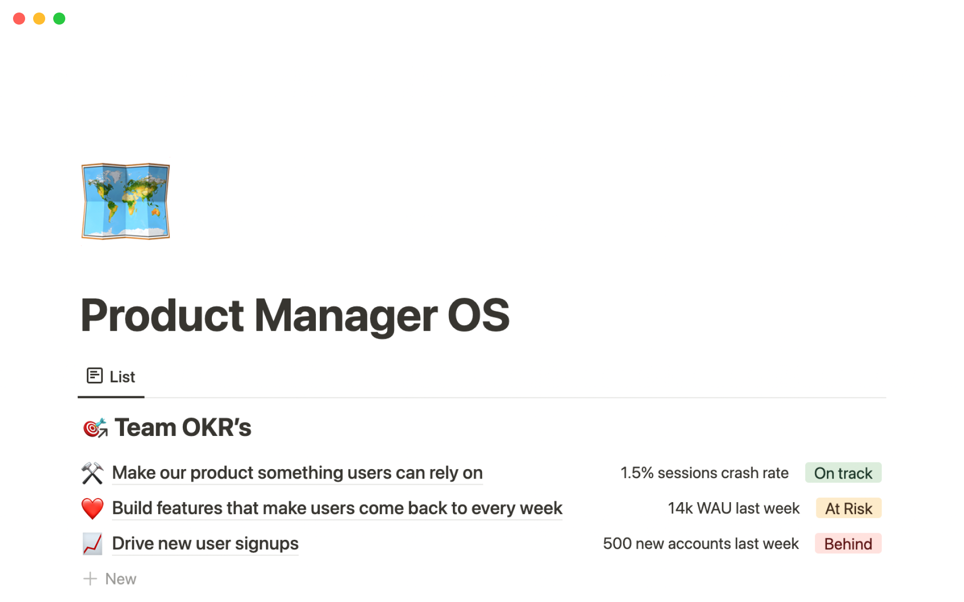 Vista previa de una plantilla para Product manager OS