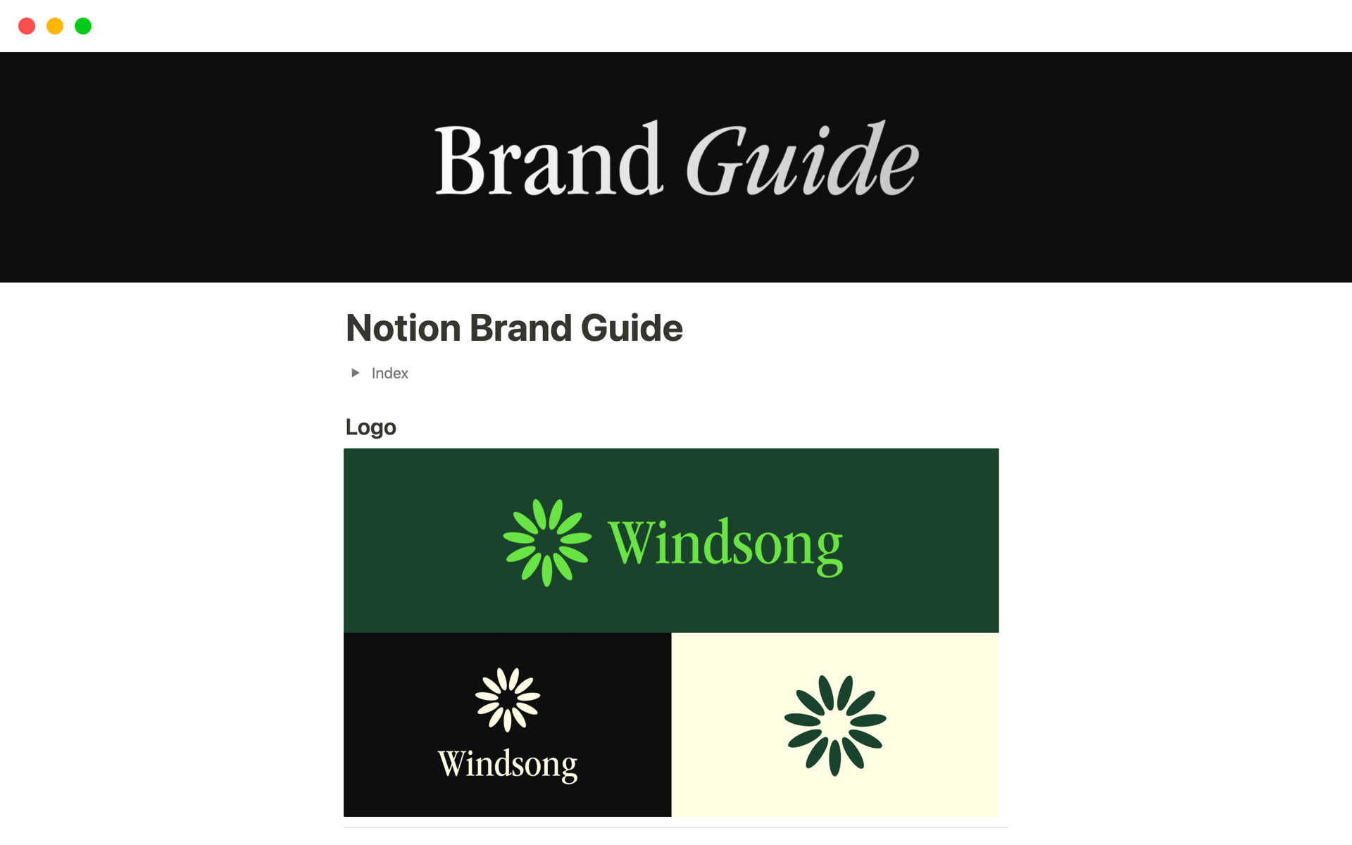 En förhandsgranskning av mallen för Brand Guide