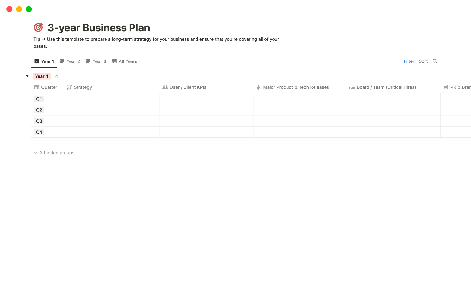 En förhandsgranskning av mallen för 3-year Business Plan