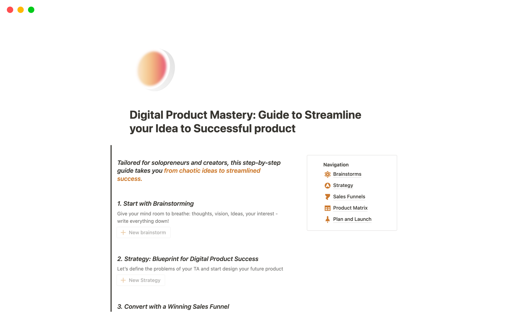 En förhandsgranskning av mallen för Digital Product Mastery