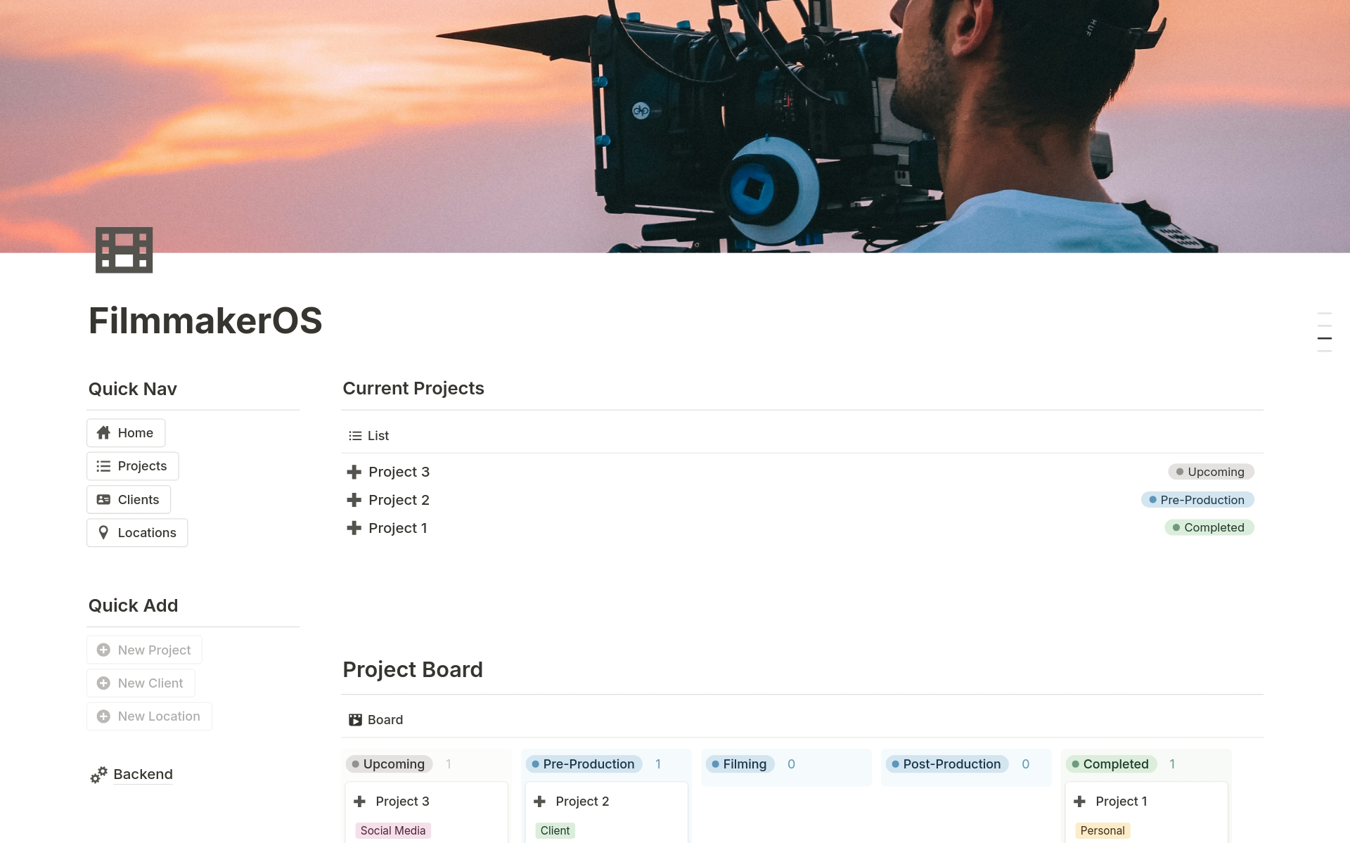 Are you a videographer or filmmaker looking to streamline your projects, manage clients, and scout locations more effectively? Meet FilmmakerOS—the ultimate Notion template designed to elevate your filmmaking workflow and boost your productivity.