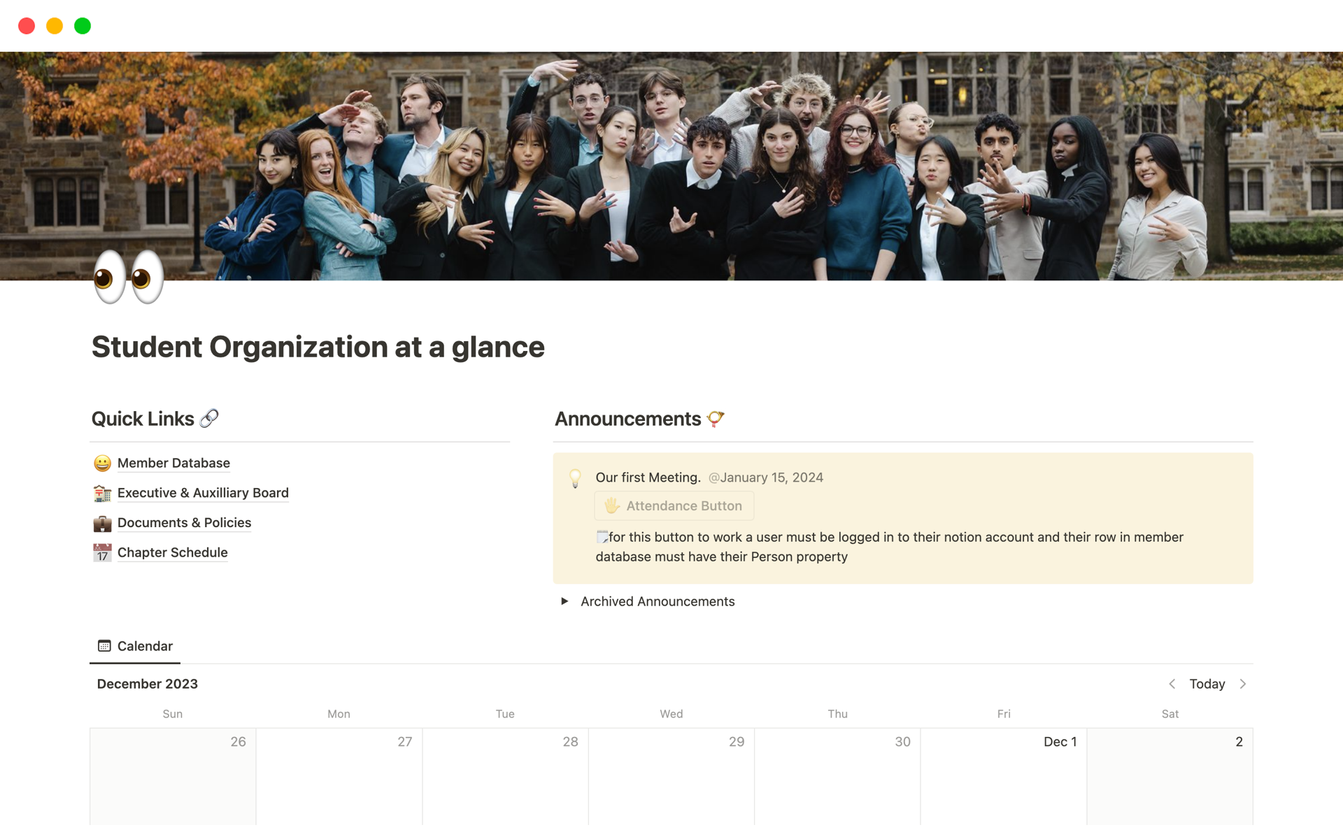 A template preview for Student Organization at a glance