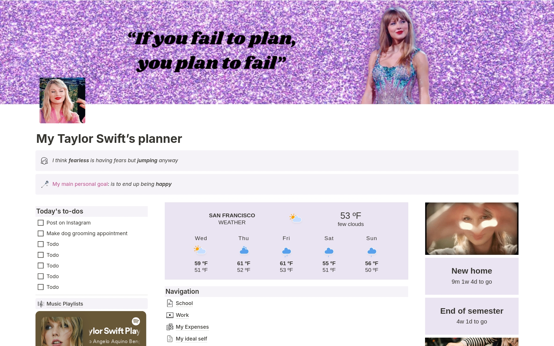 Uma prévia do modelo para Taylor Swift Planner