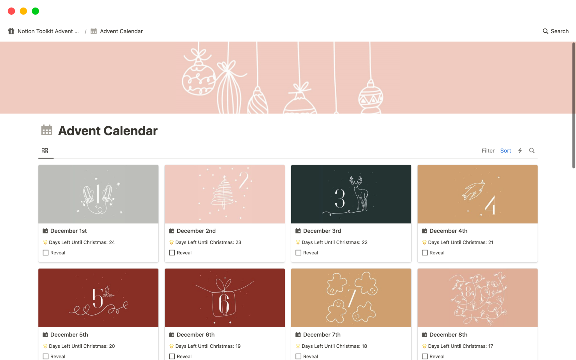 En forhåndsvisning av mal for Notion Toolkit Advent Calendar