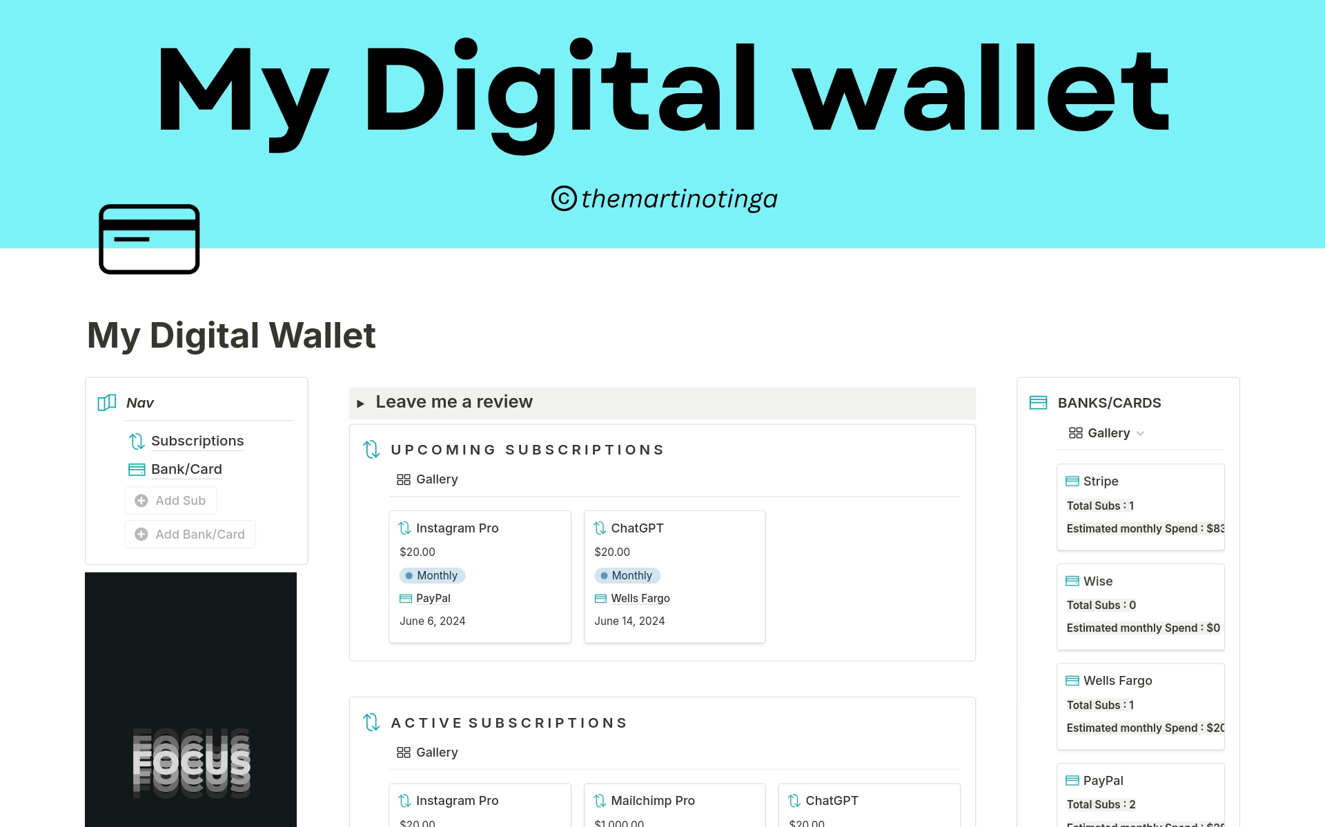 The Digital Wallet template is designed to help users manage their digital subscriptions, memberships, online services, and recurring payments in one centralized location