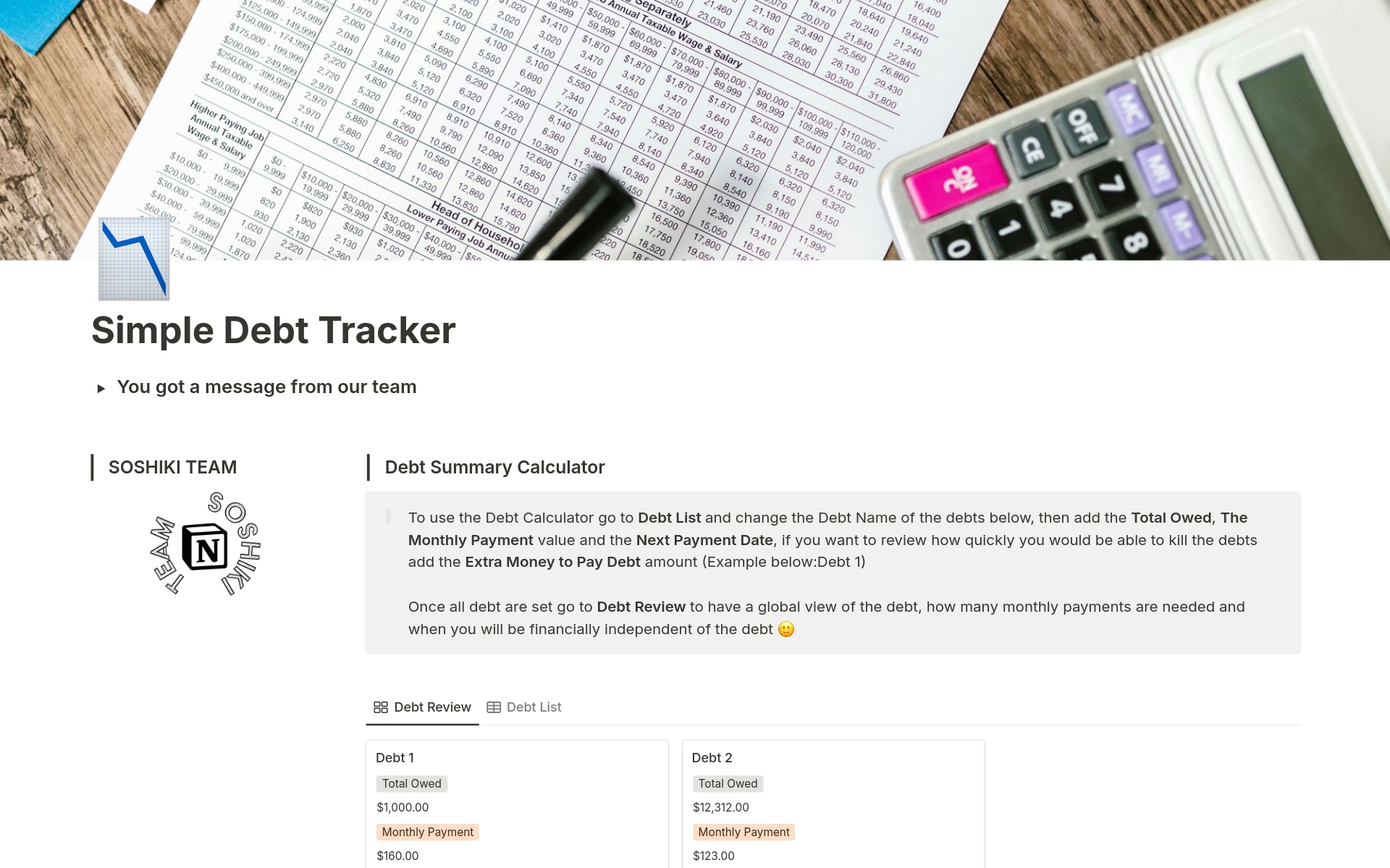 A template preview for Simple Debt Calculator and Tracker