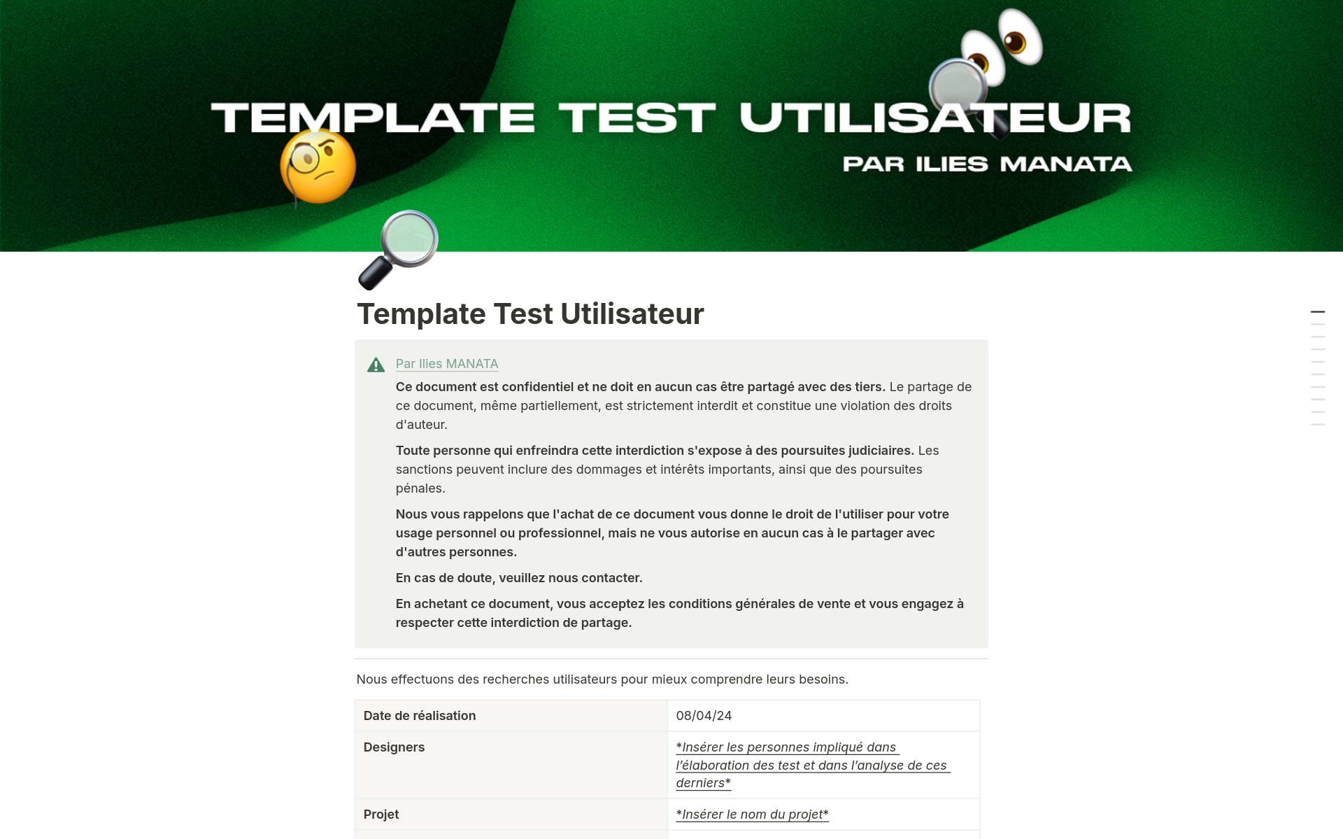 En forhåndsvisning av mal for Gestion des test utilisateur + Protocole de test