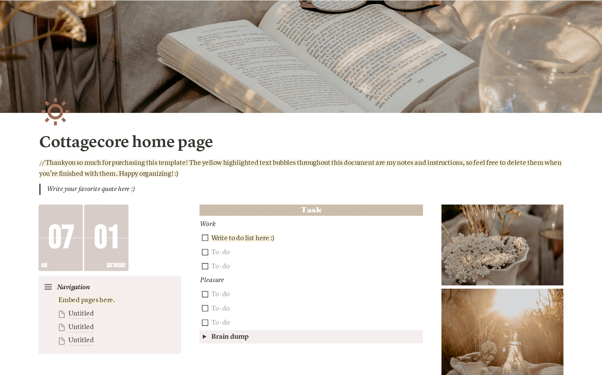En förhandsgranskning av mallen för Cottagecore home page