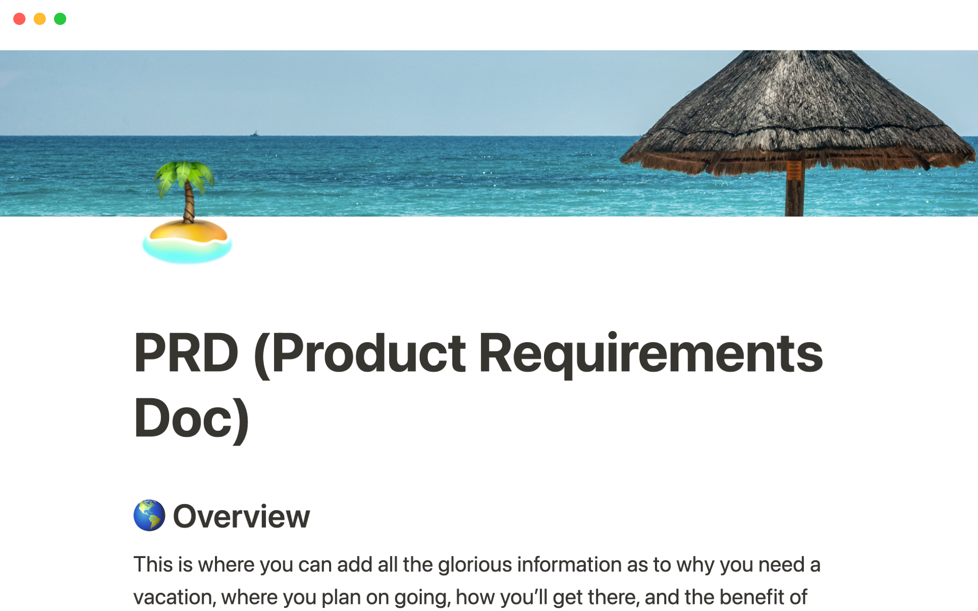 Vista previa de una plantilla para PRD (Product requirements doc)