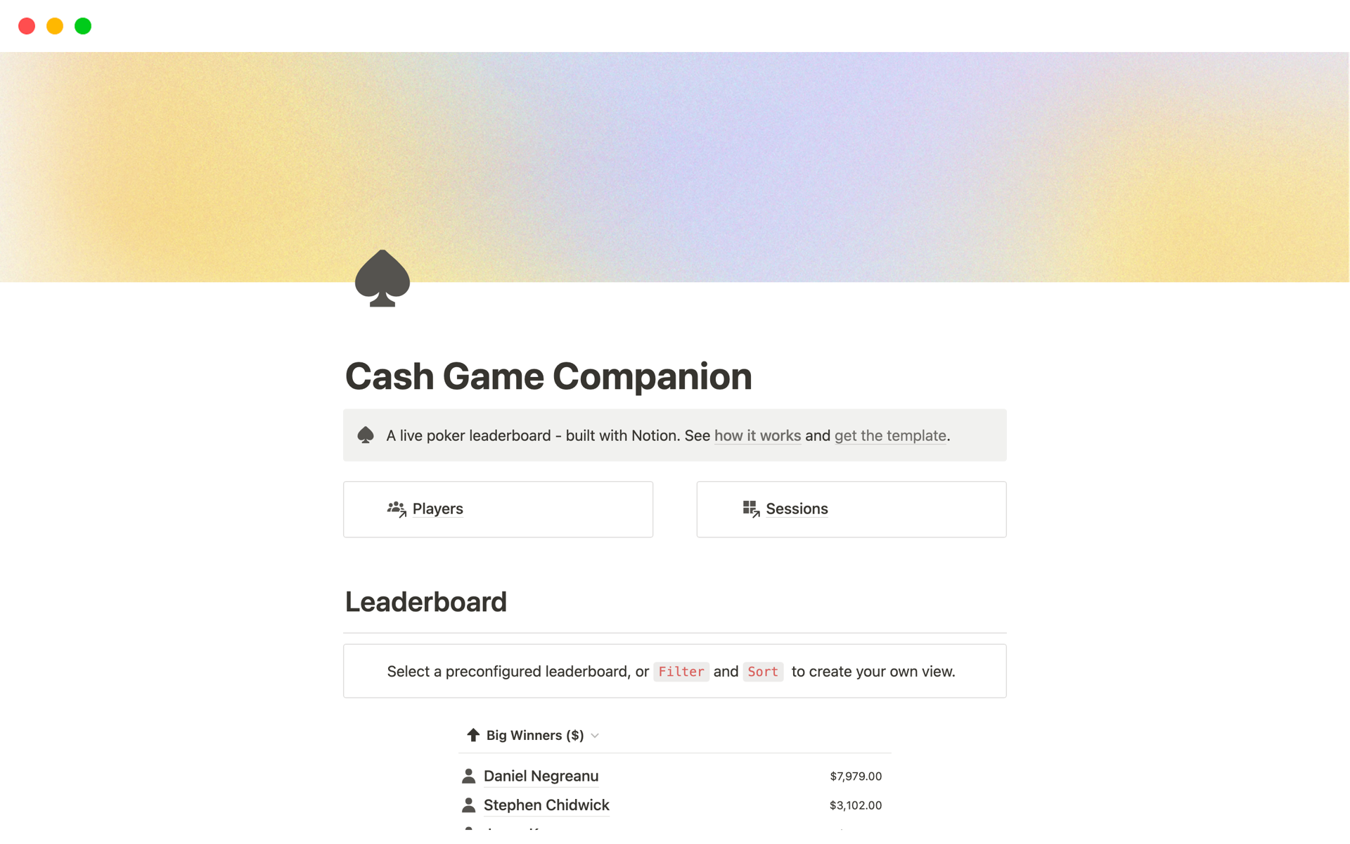 En förhandsgranskning av mallen för Cash Game Companion