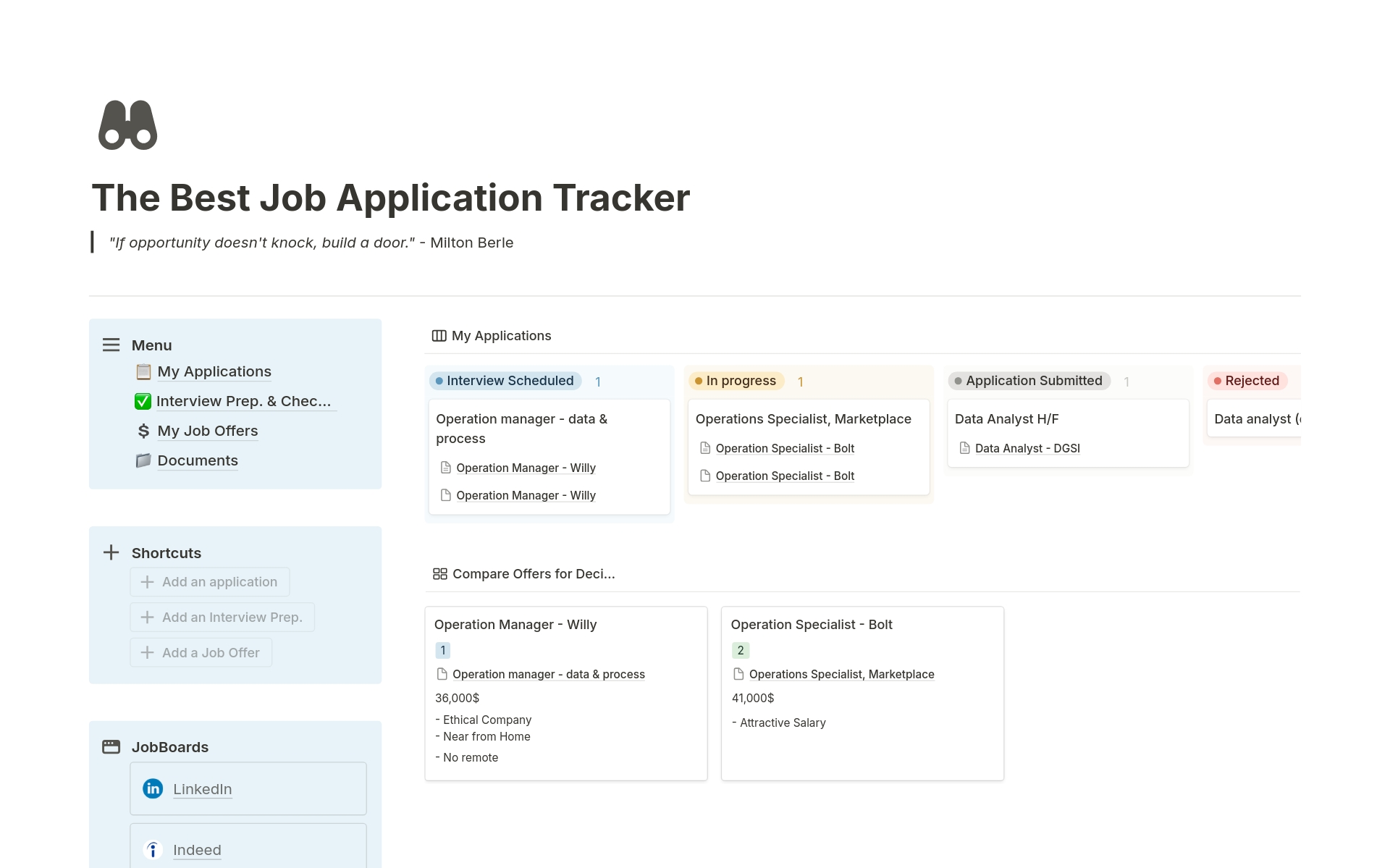 Master your job search with The Job Search Tracker for Notion! Effortlessly organize applications, prepare for interviews, and compare job offers with ease. Tailored checklists and navigation ensure a smooth process.
Start your journey to career success today!