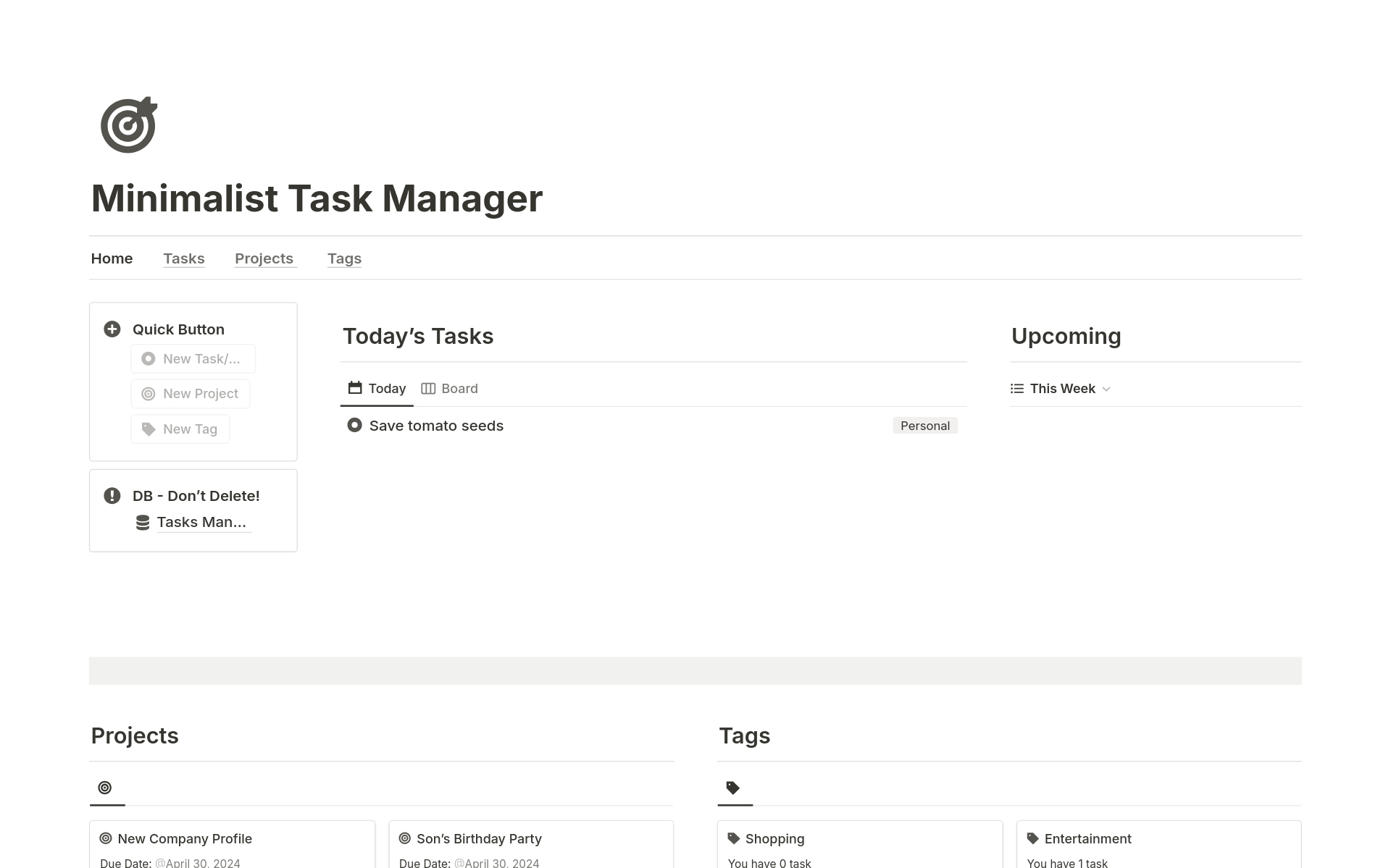 En forhåndsvisning av mal for Minimalist Task Manager