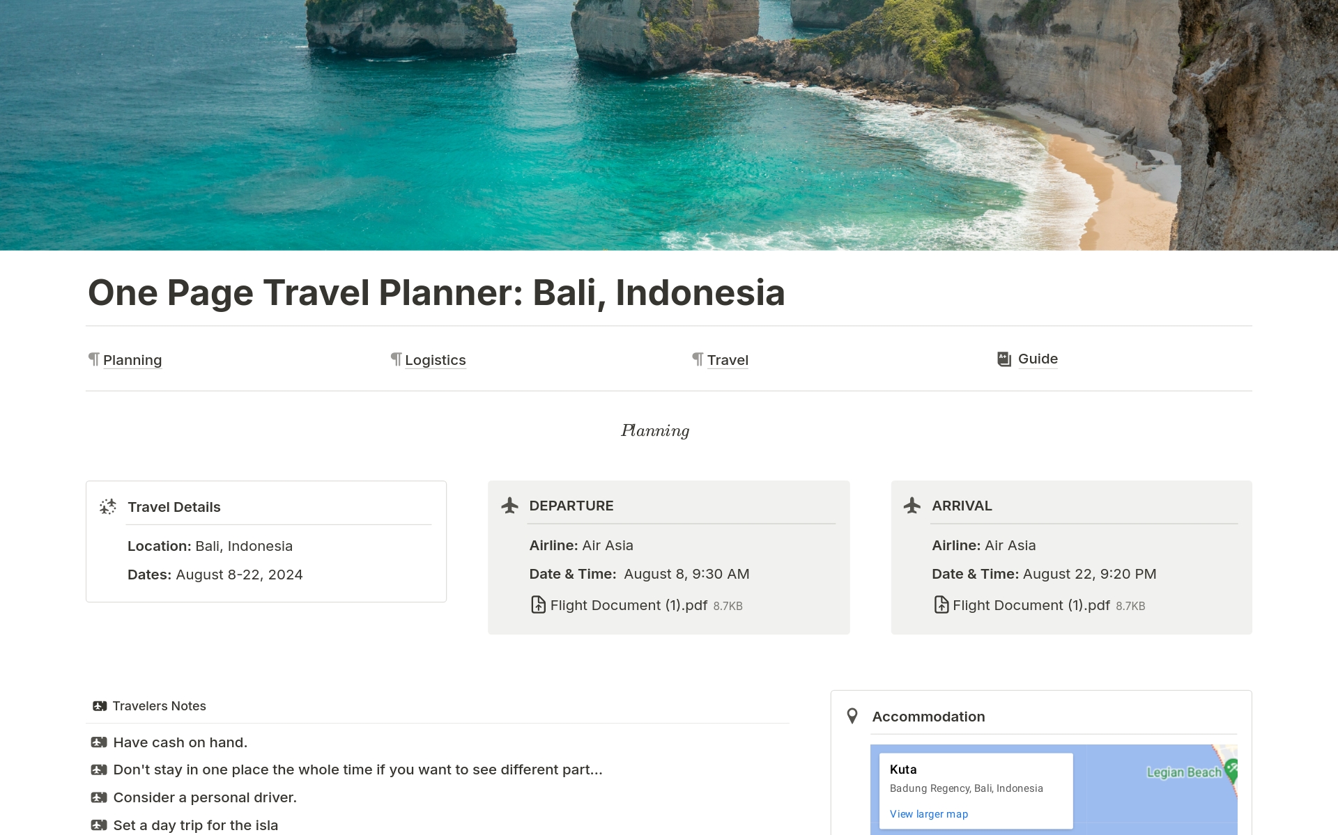 Vista previa de una plantilla para One Page Travel Planner