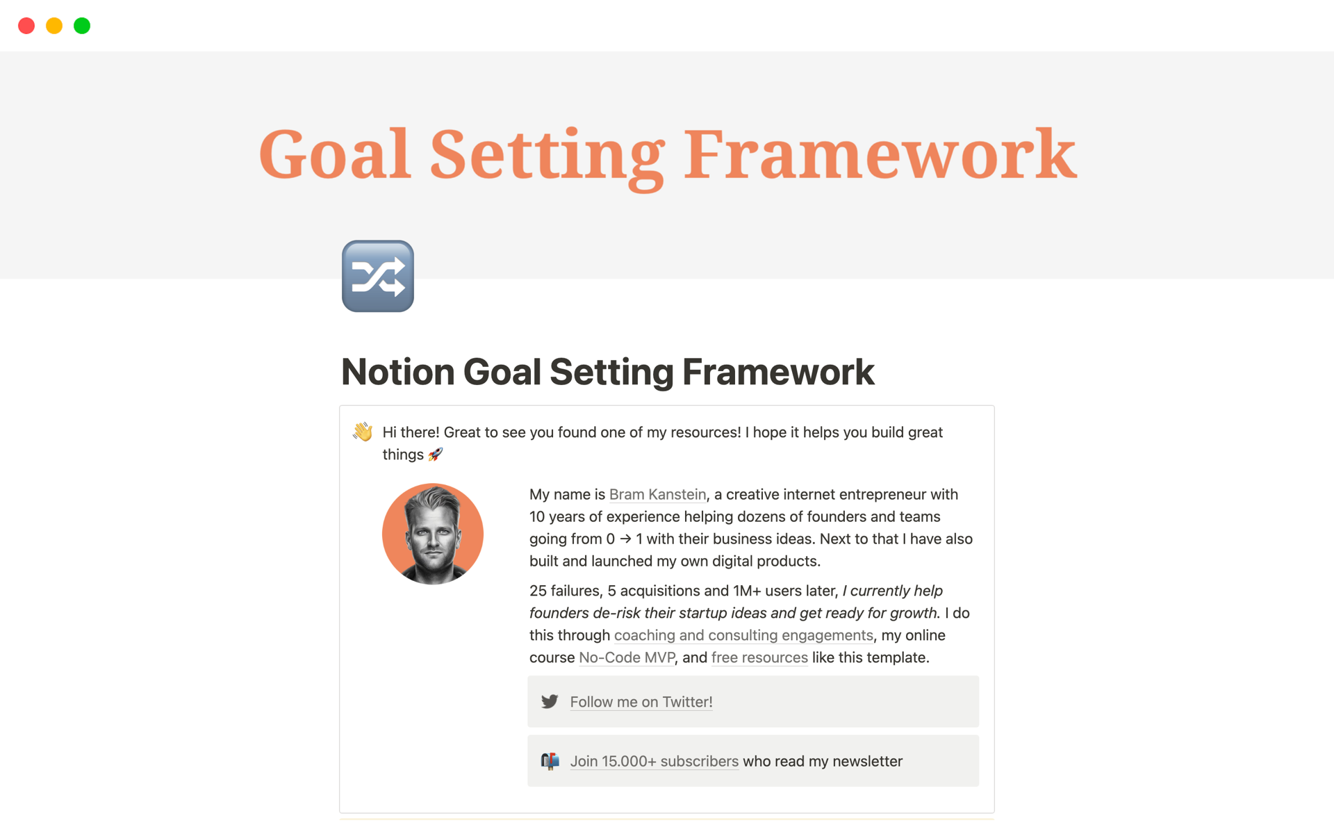 En förhandsgranskning av mallen för Goal Setting Framework