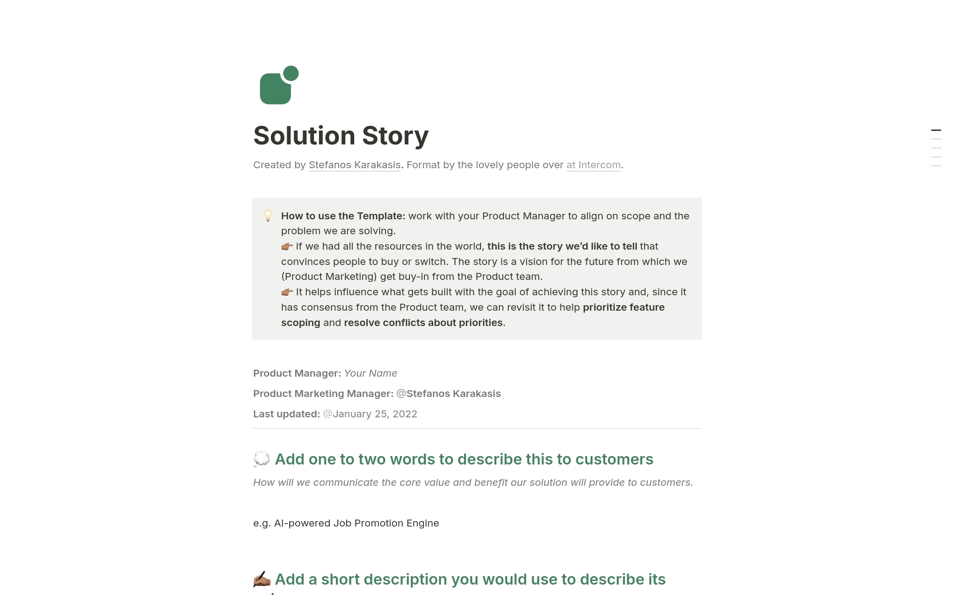 En förhandsgranskning av mallen för Solution Story: One-Page Product Messaging Brief