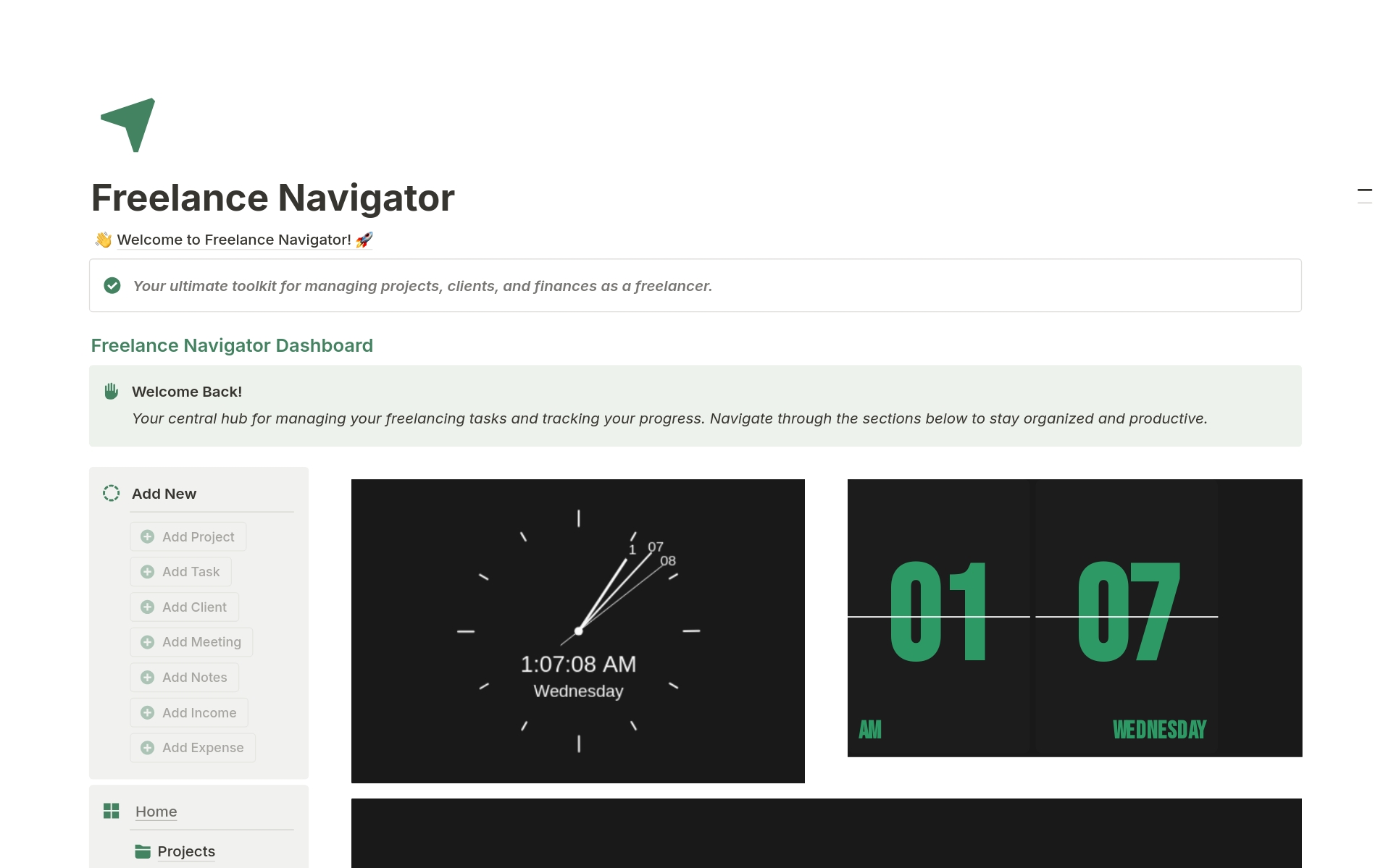 
Freelance Navigator is an all-in-one Notion template designed for freelancers to seamlessly manage projects, clients, and finances. Streamline your workflow and stay organized with this powerful tool.

