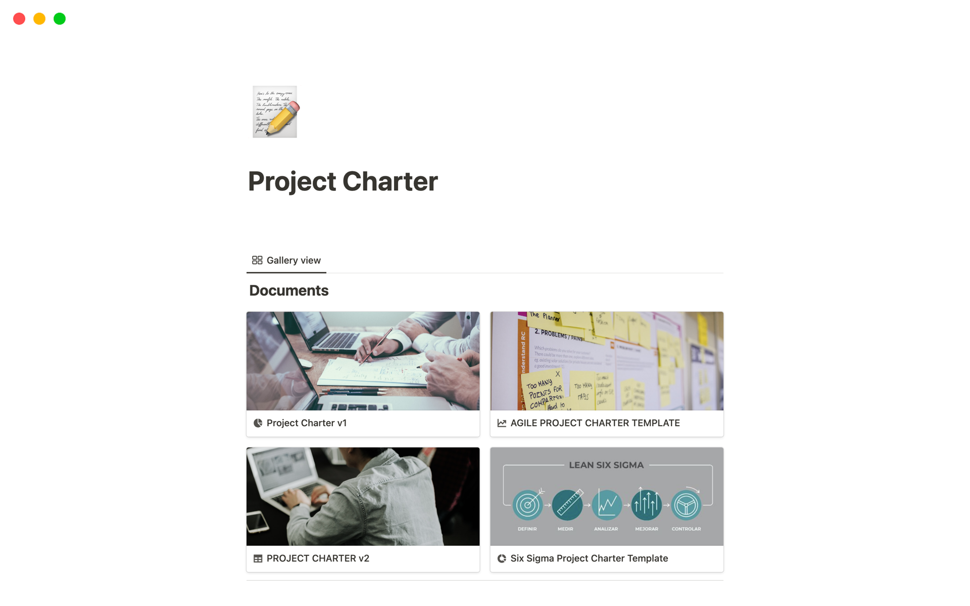 En forhåndsvisning av mal for Project Charter