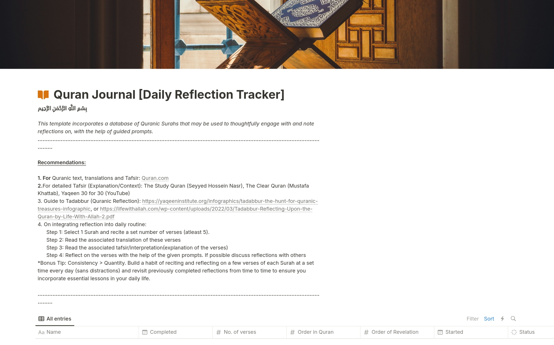 Vista previa de una plantilla para Quran Journal [Daily Reflection Tracker]