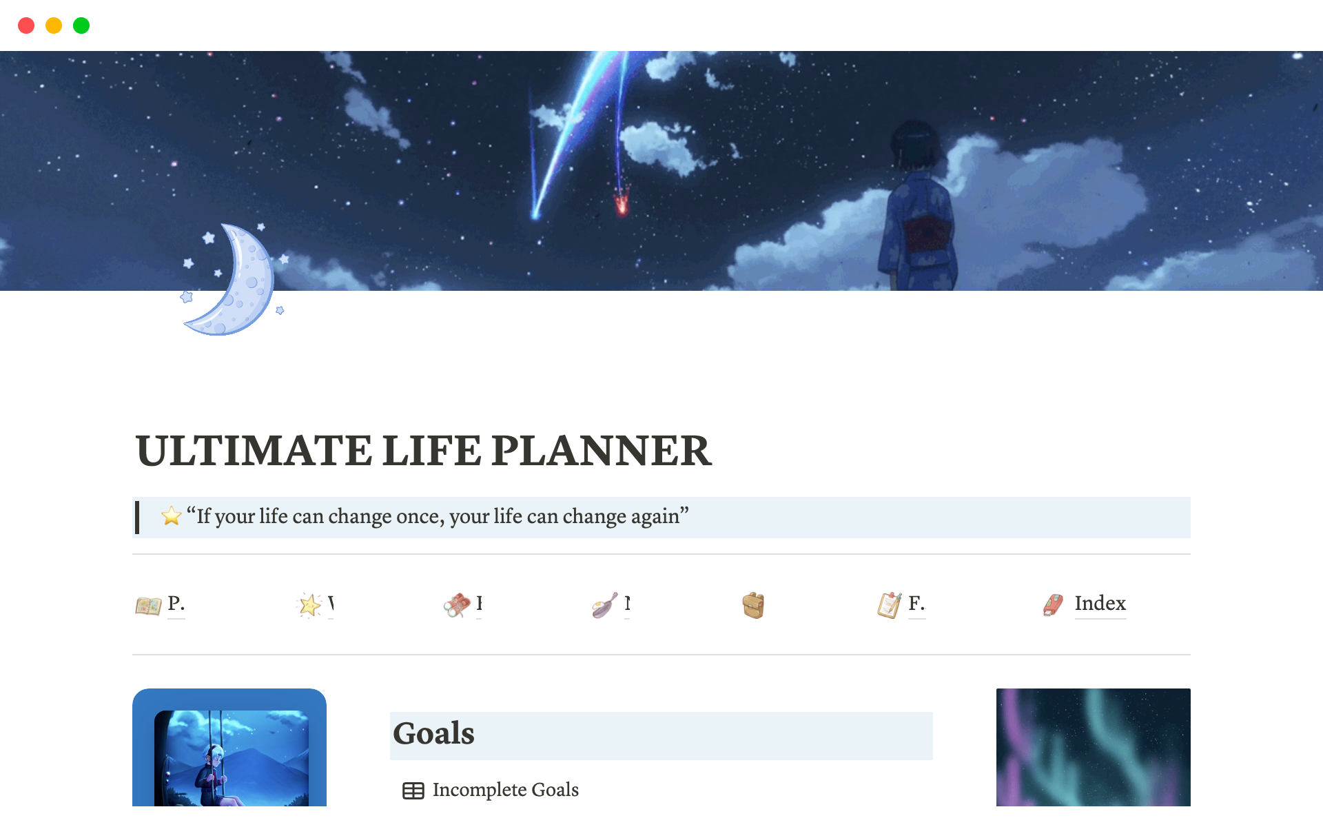 En forhåndsvisning av mal for Anime Ultimate Life Planner Notion Template