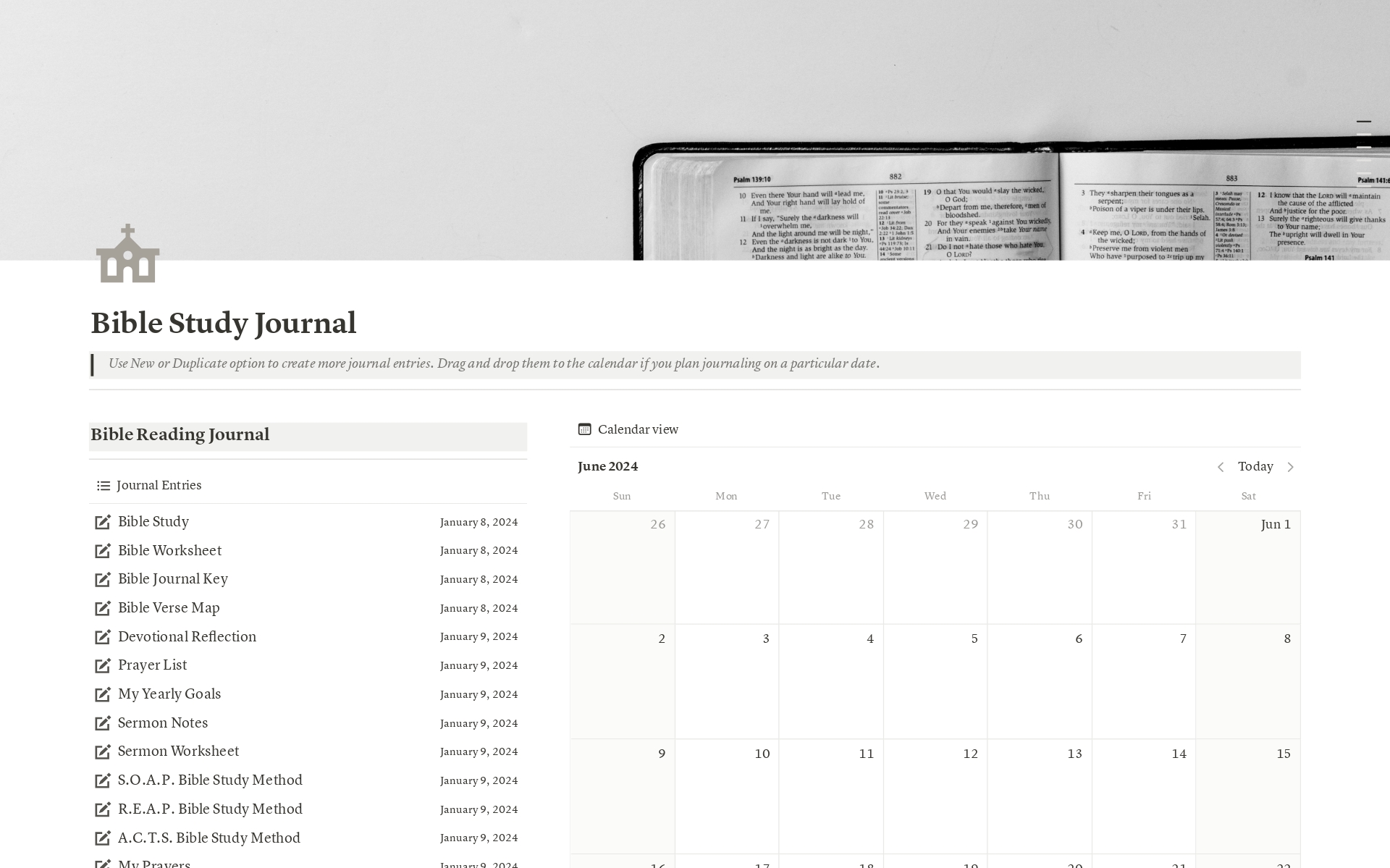 Created for believers seeking to integrate technology and faith, this digital Bible Study journal will transform your engagement with sacred scriptures. Track your daily readings and reflections using this well-organized Notion template. 