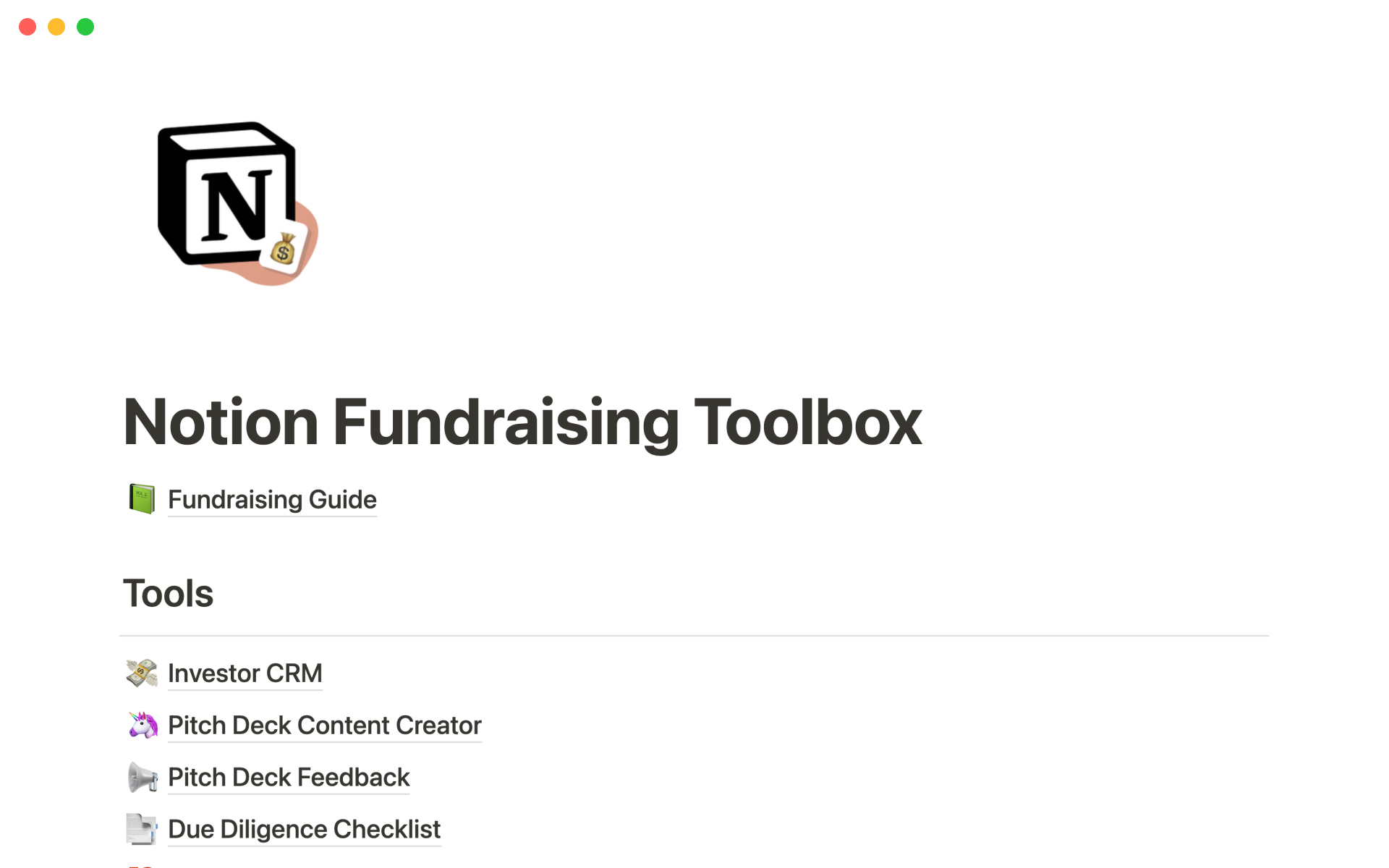 En förhandsgranskning av mallen för Startup fundraising toolbox