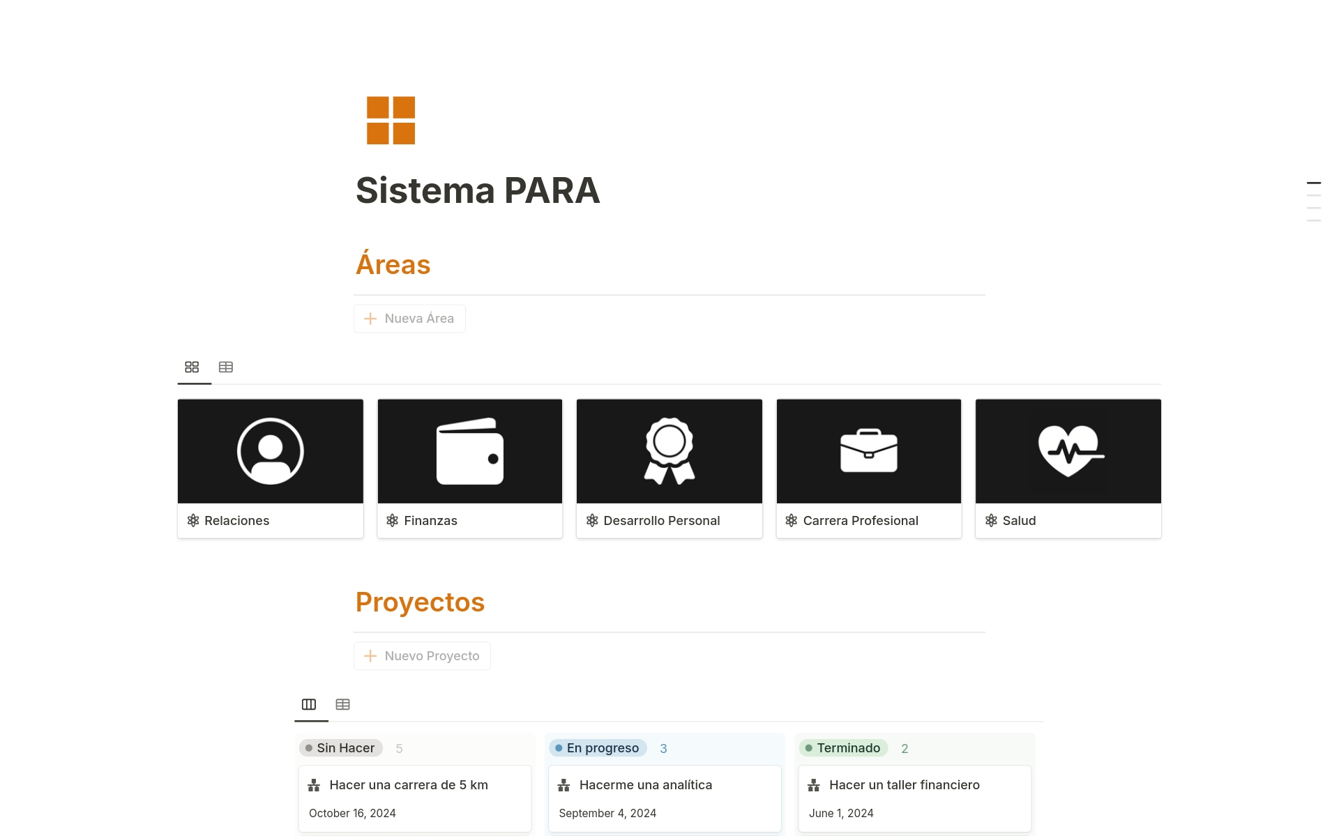 A template preview for Sistema PARA