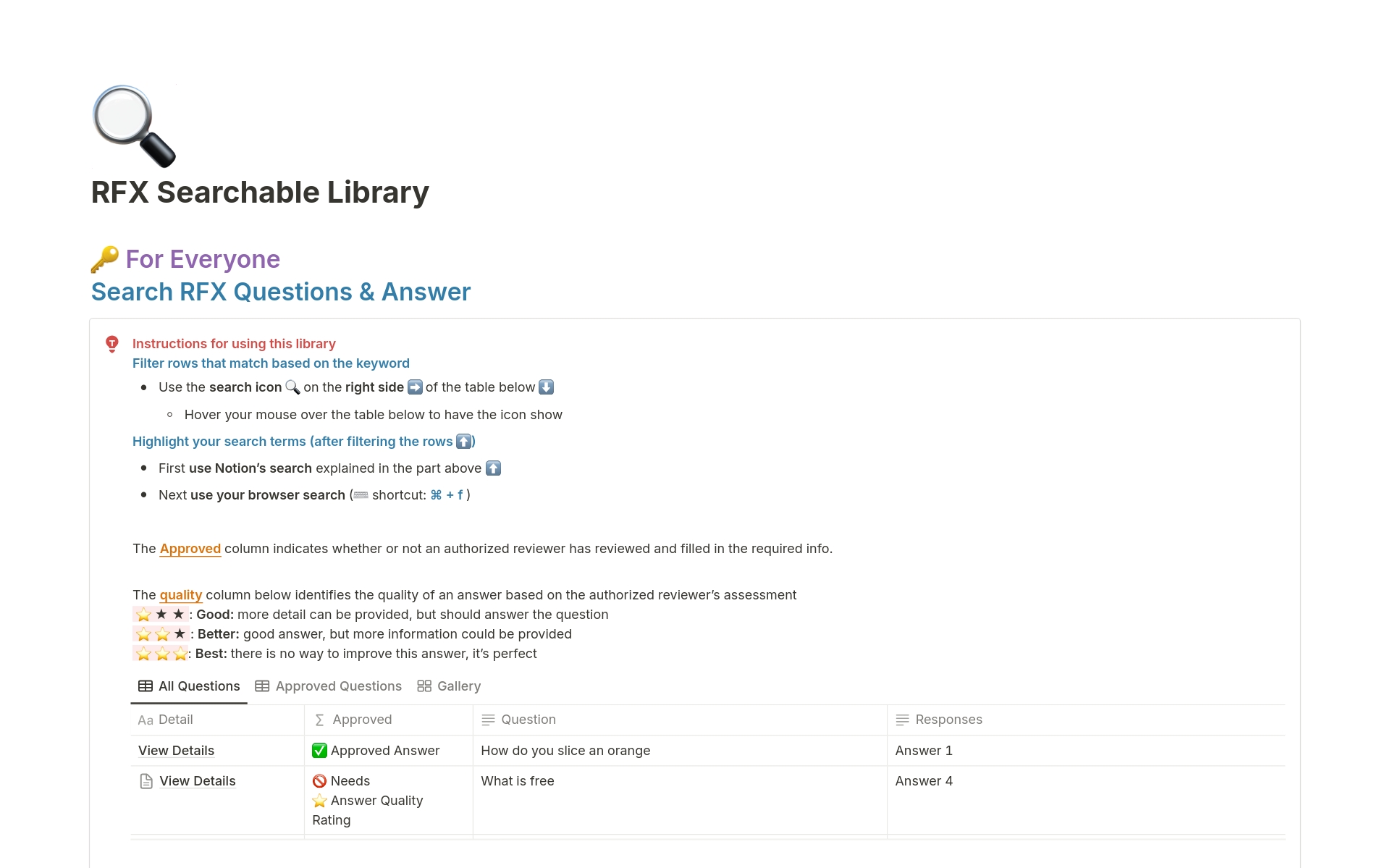 This is a tool to help teams maintain their library of questions and approved answers. Built to help expedite the RFQ, RFP, RFI, Security Questionnaire, and Due Diligence Questionnaire processes. Designed with scalability and accountability in mind.