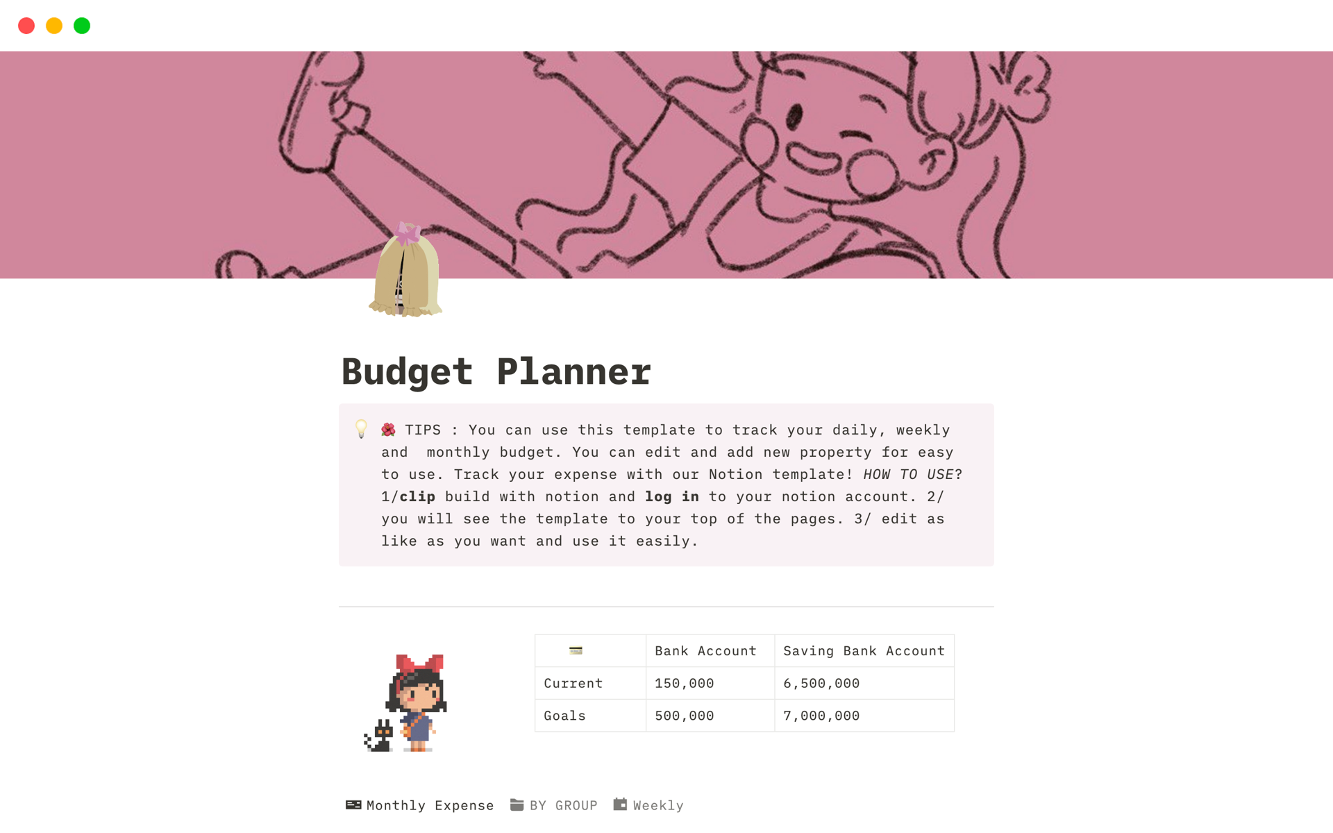 En forhåndsvisning av mal for Budget Planner 