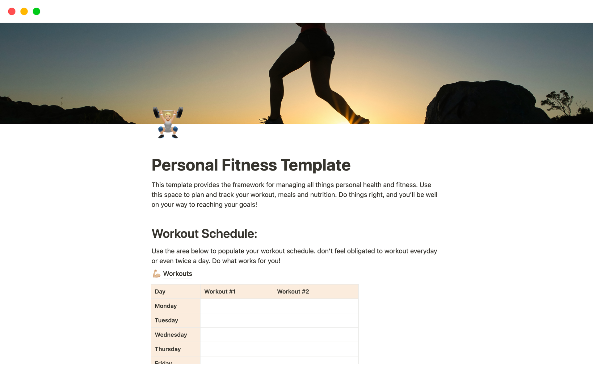 En forhåndsvisning av mal for Personal Fitness Template