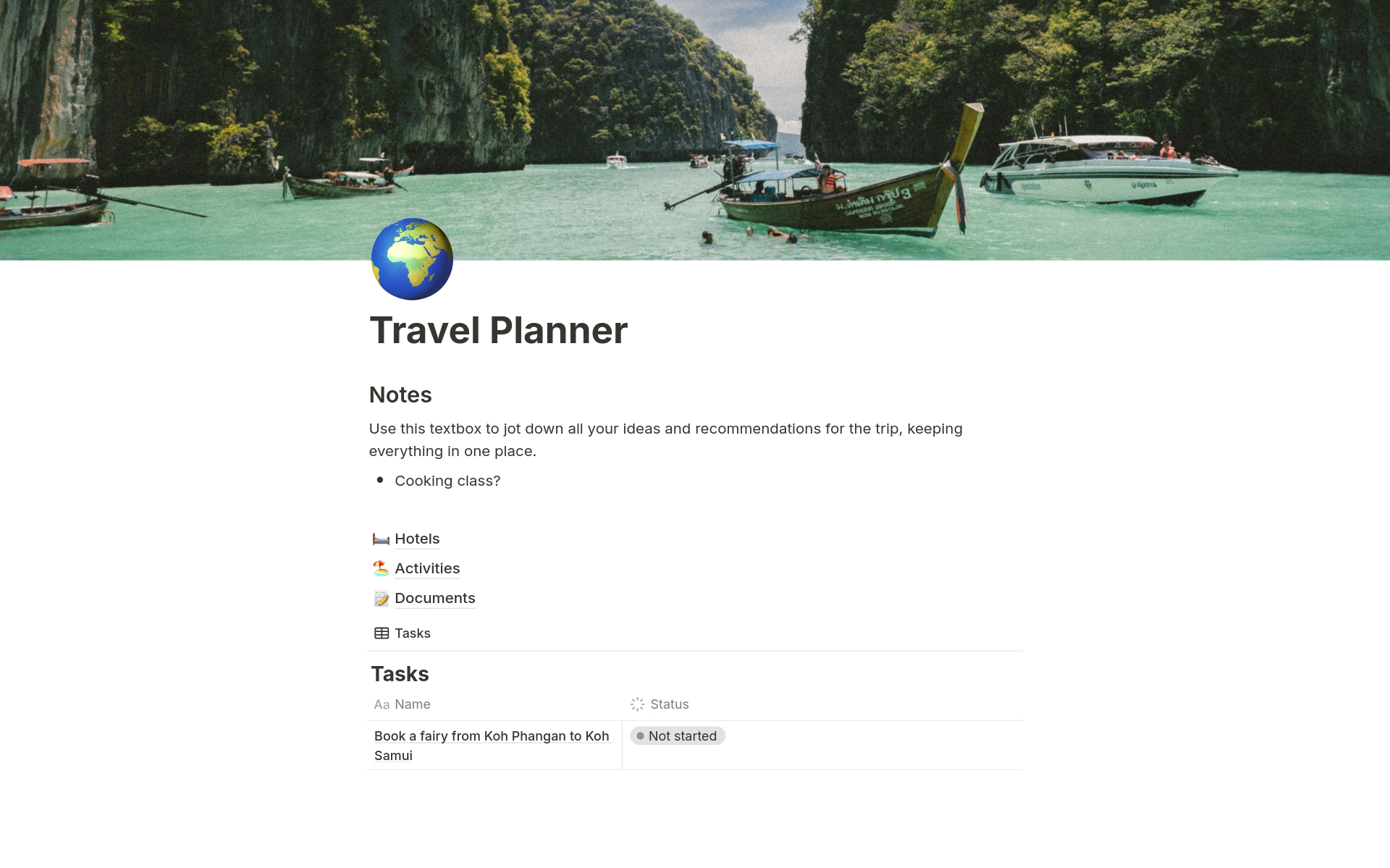 En forhåndsvisning av mal for Travel Planner