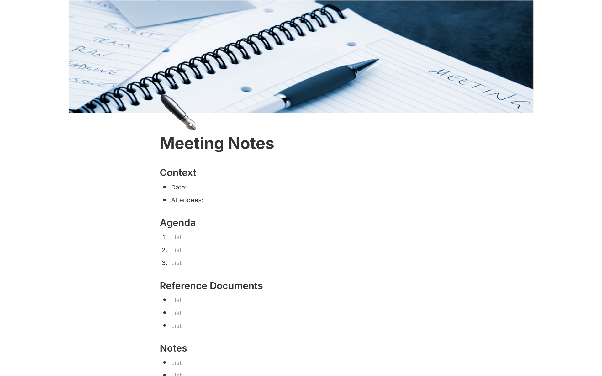 Vista previa de plantilla para Simple Meeting Notes