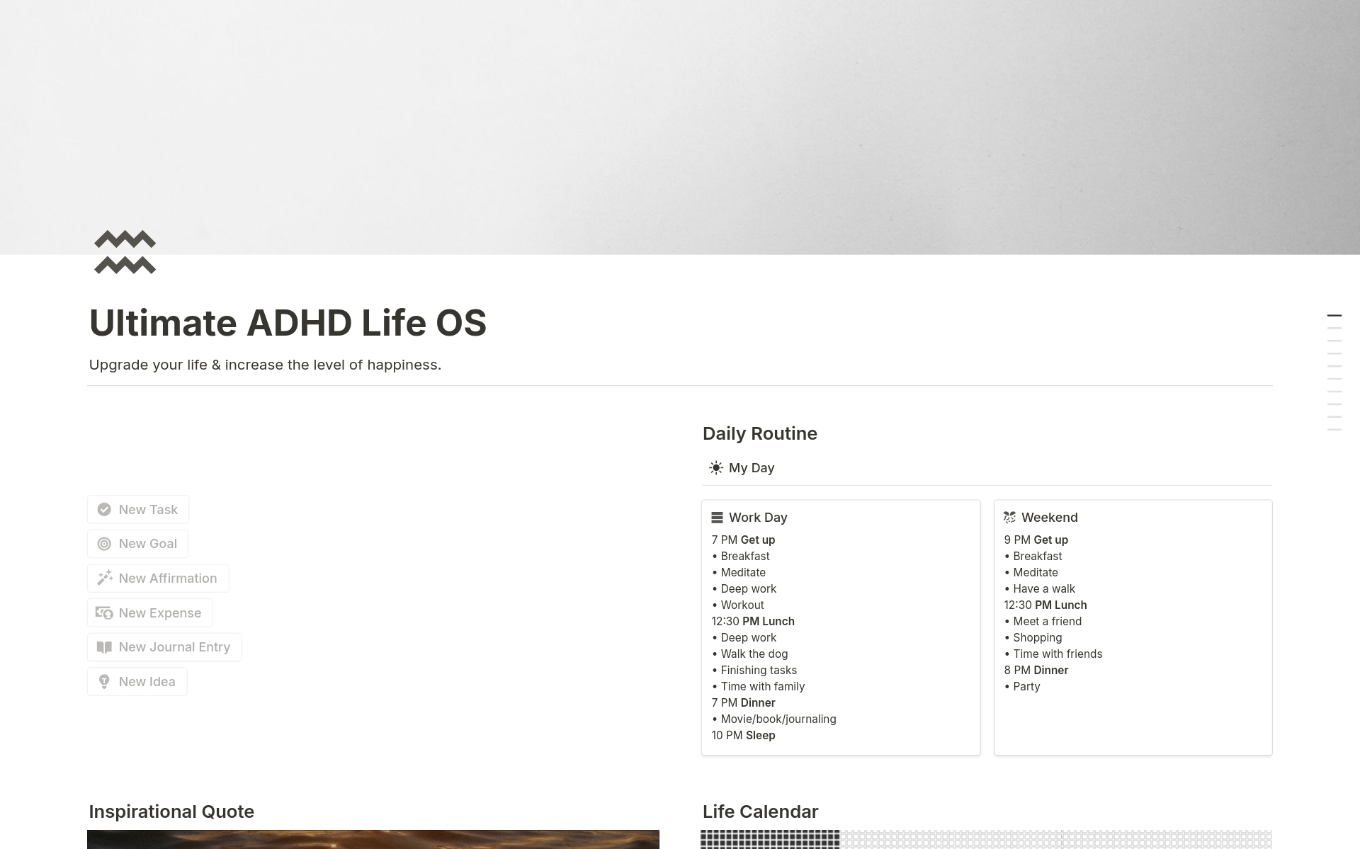 Vista previa de una plantilla para Ultimate ADHD Life OS
