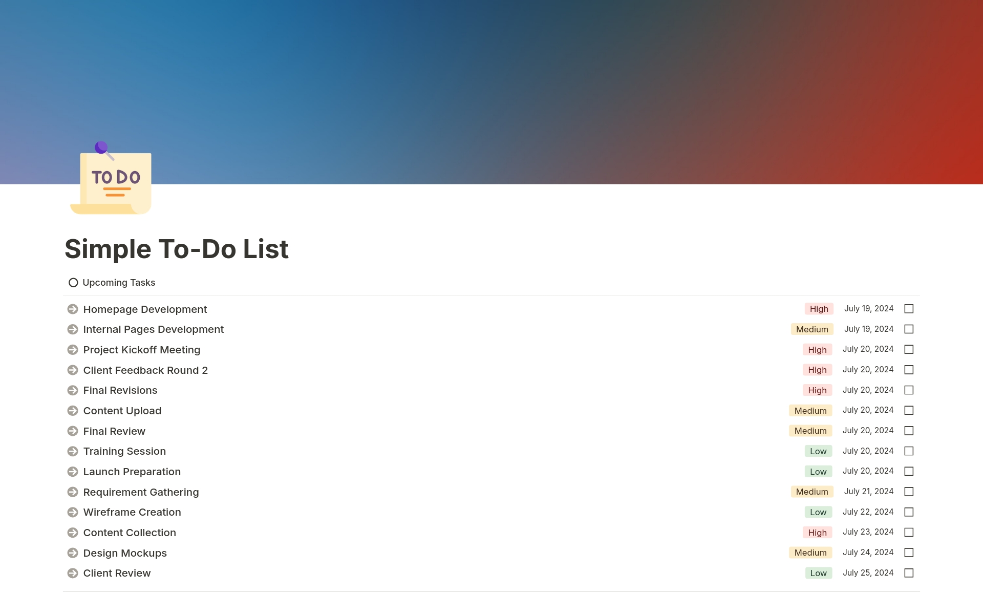 Stay organized and boost your productivity with our Simple To-Do List template for Notion. This user-friendly template helps you manage your tasks effortlessly, ensuring you never miss a deadline.