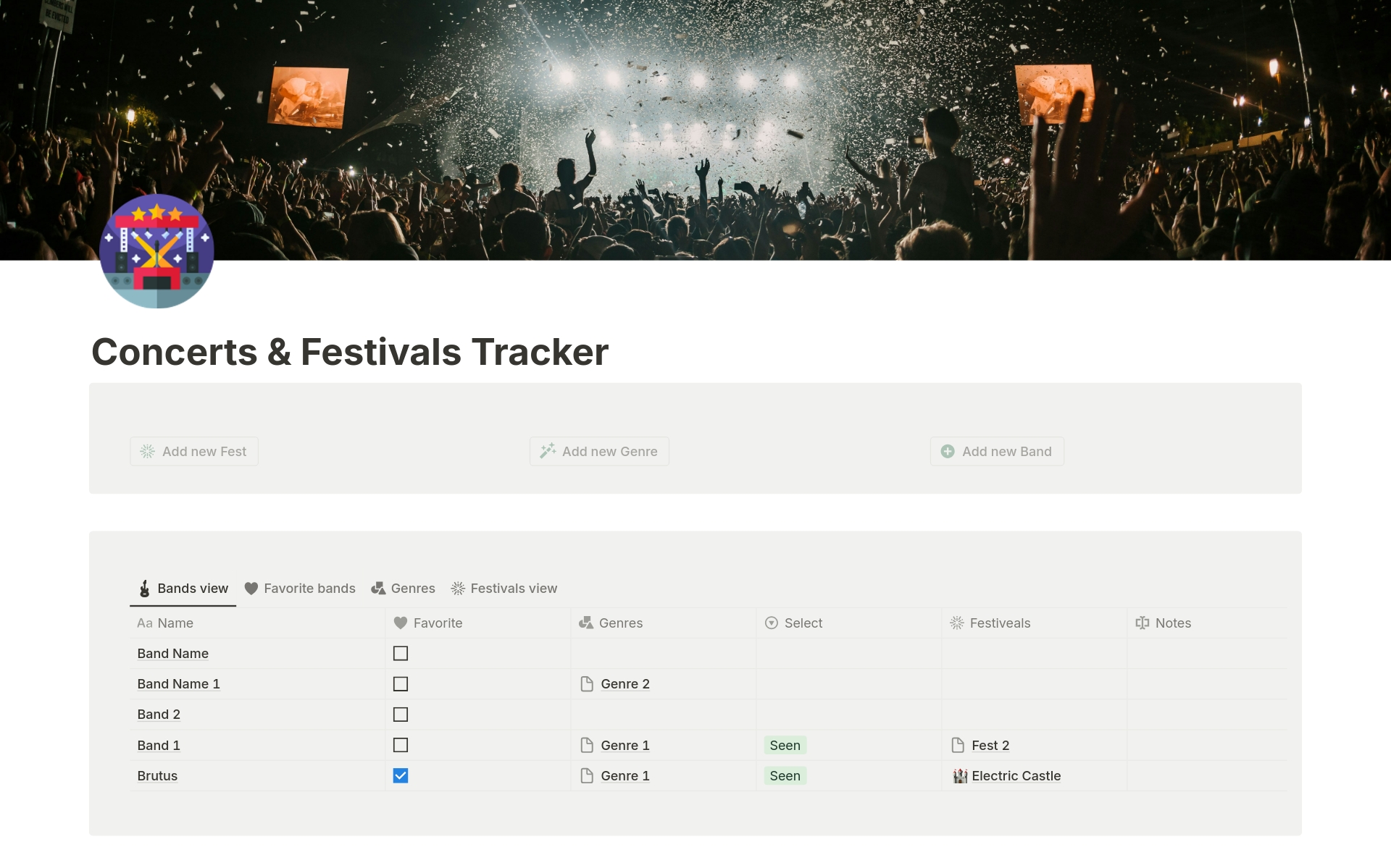 En forhåndsvisning av mal for Concerts & Festivals Tracker
