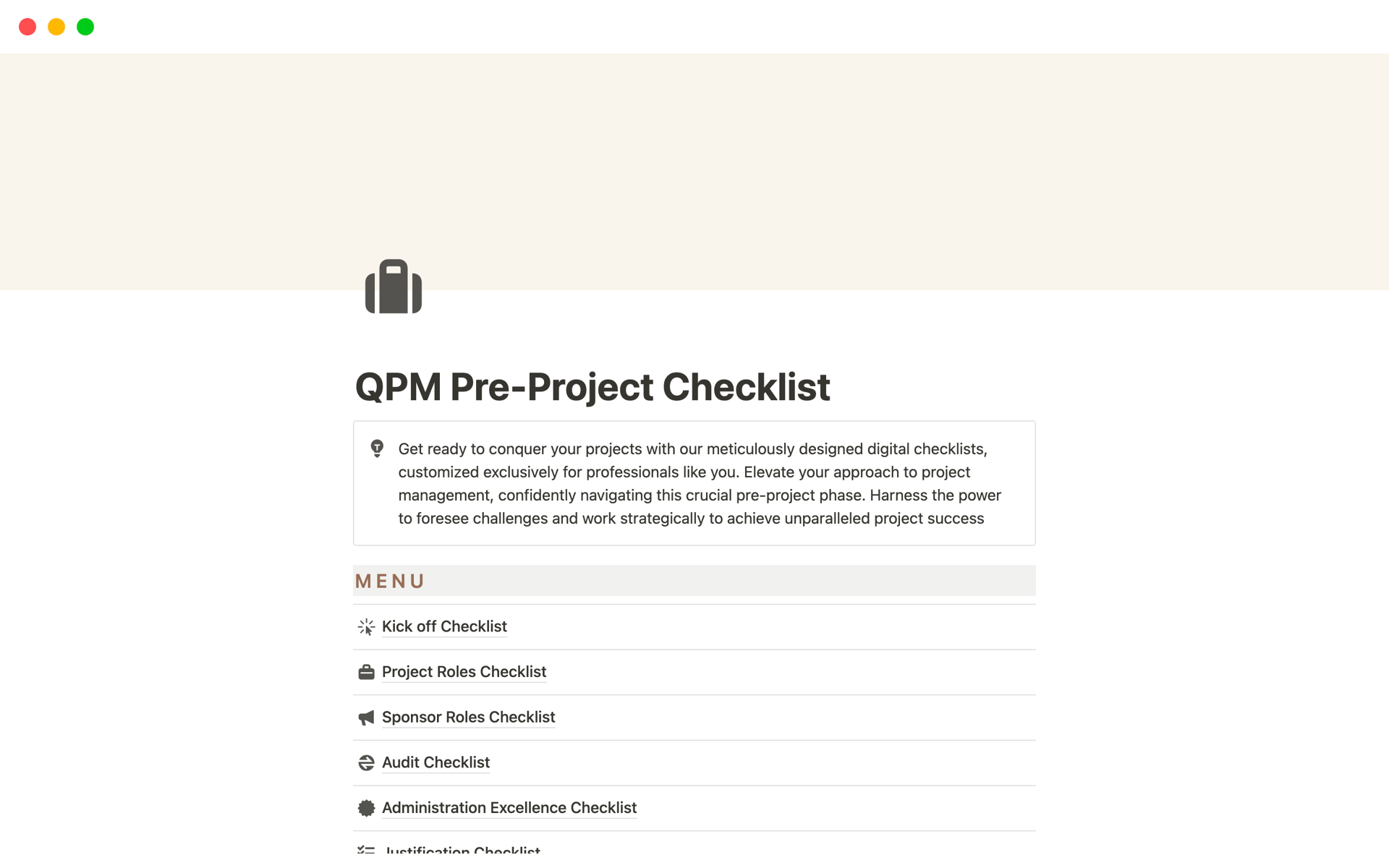 En forhåndsvisning av mal for QPM Pre-Project Checklist