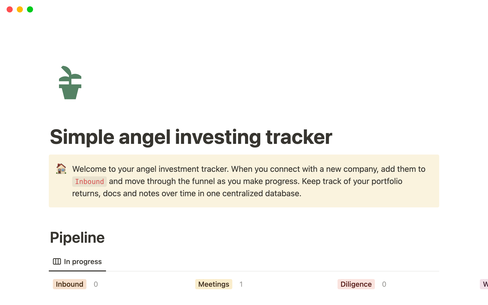 Vista previa de plantilla para Simple angel investing tracker