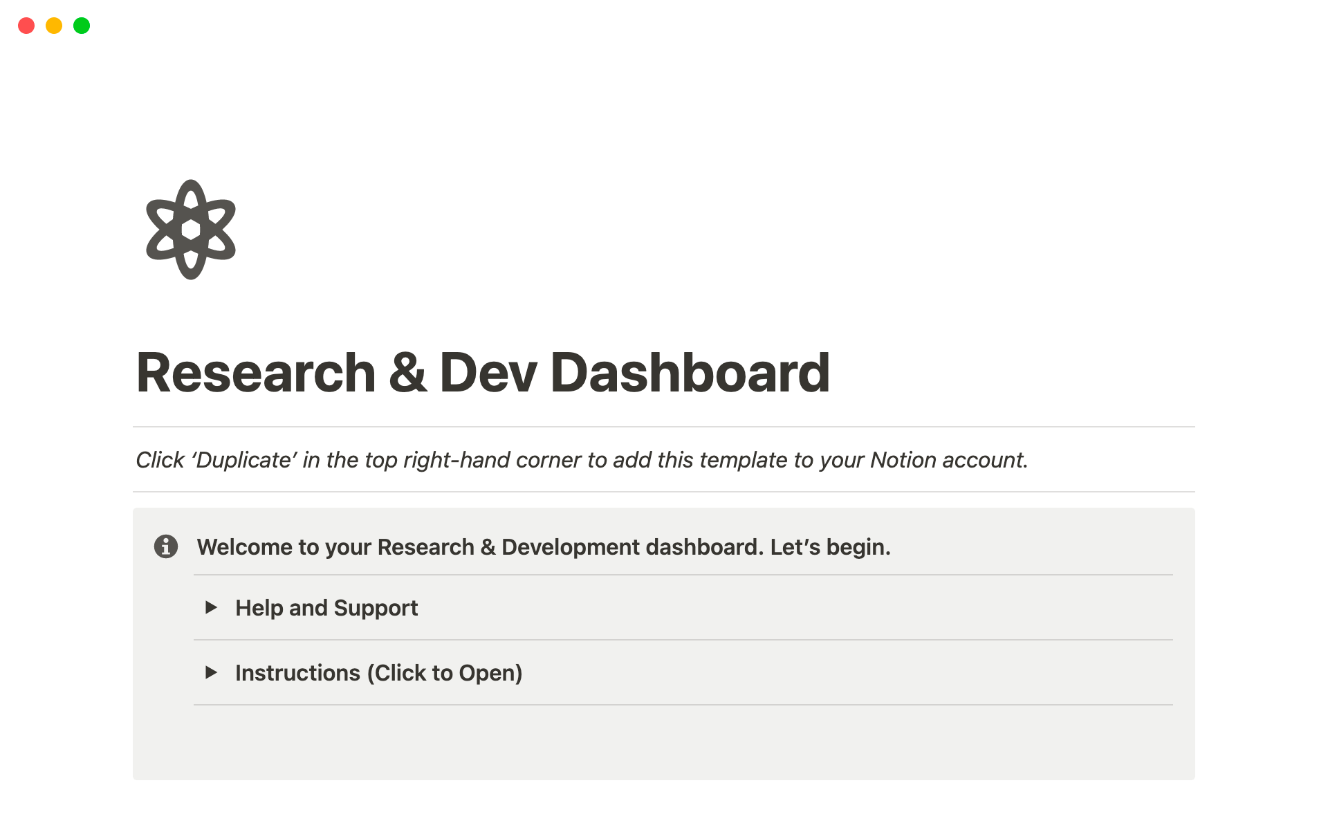 En forhåndsvisning av mal for Research & Dev Dashboard