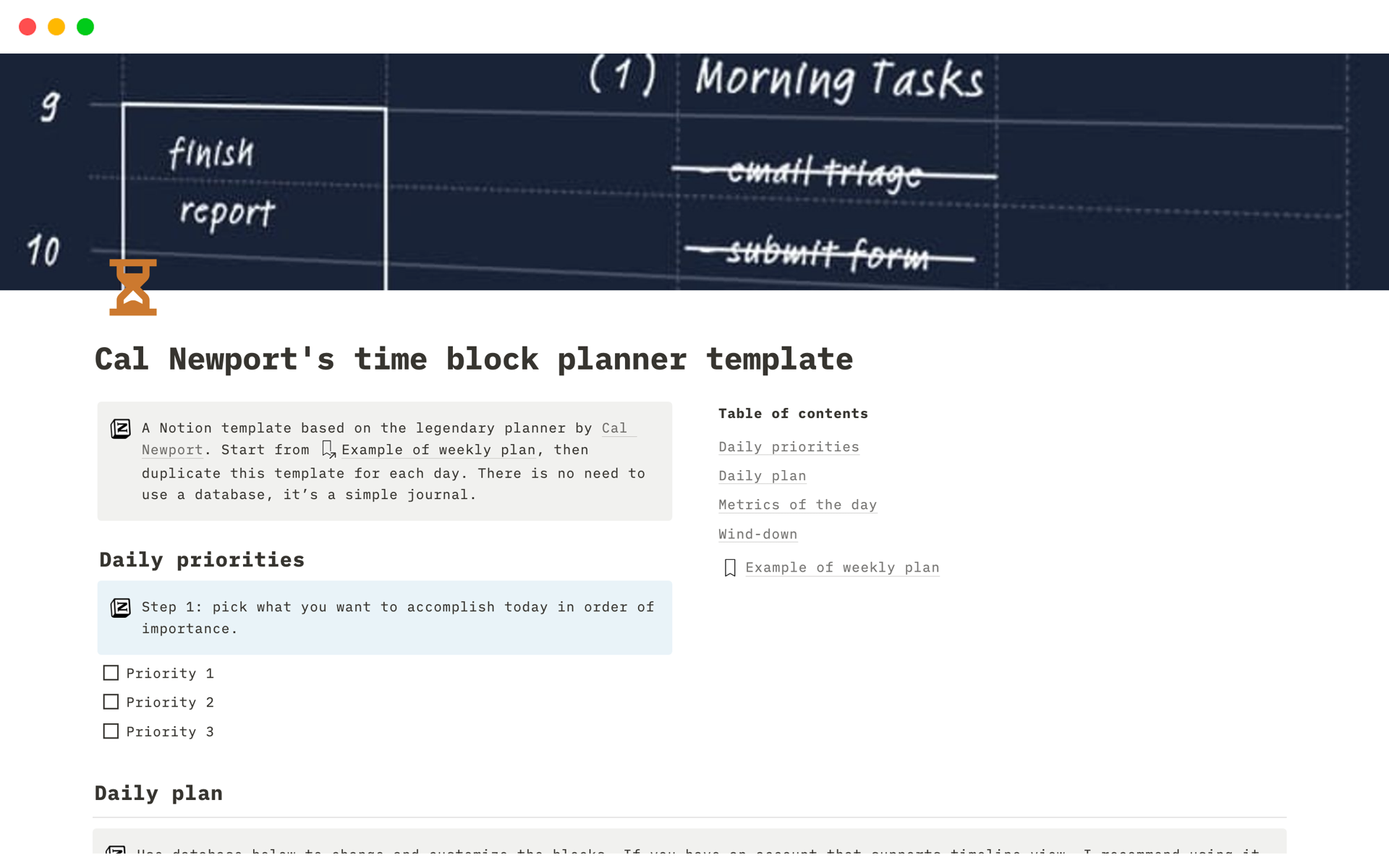 Vista previa de plantilla para Time Blocking Daily
