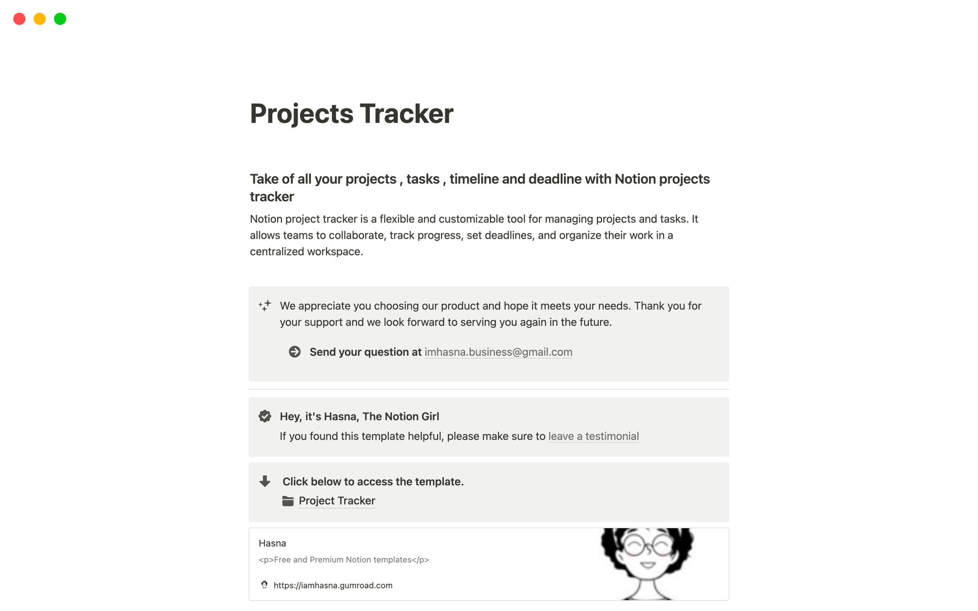 Vista previa de plantilla para Projects Tracker
