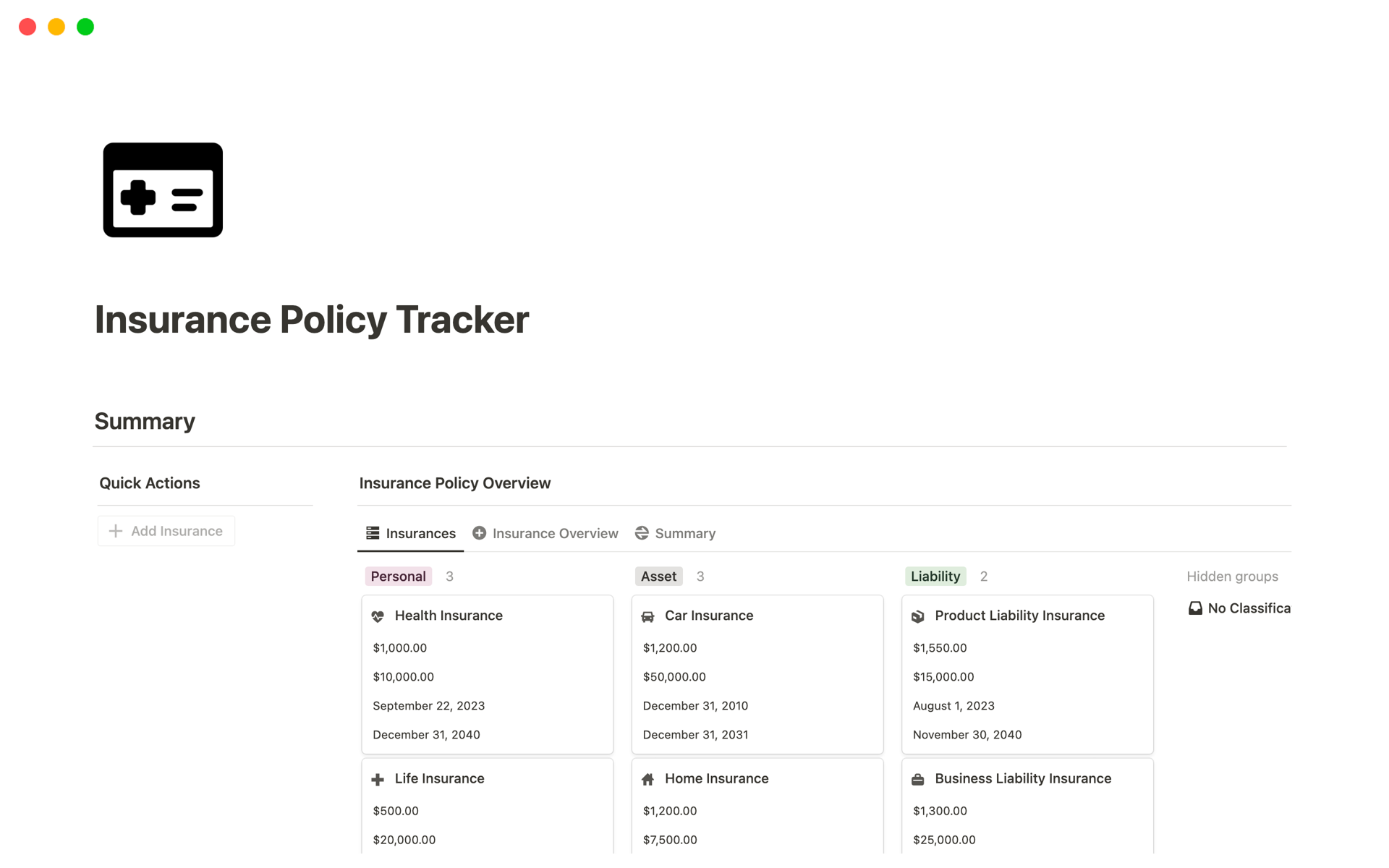 En förhandsgranskning av mallen för Insurance Policy Tracker