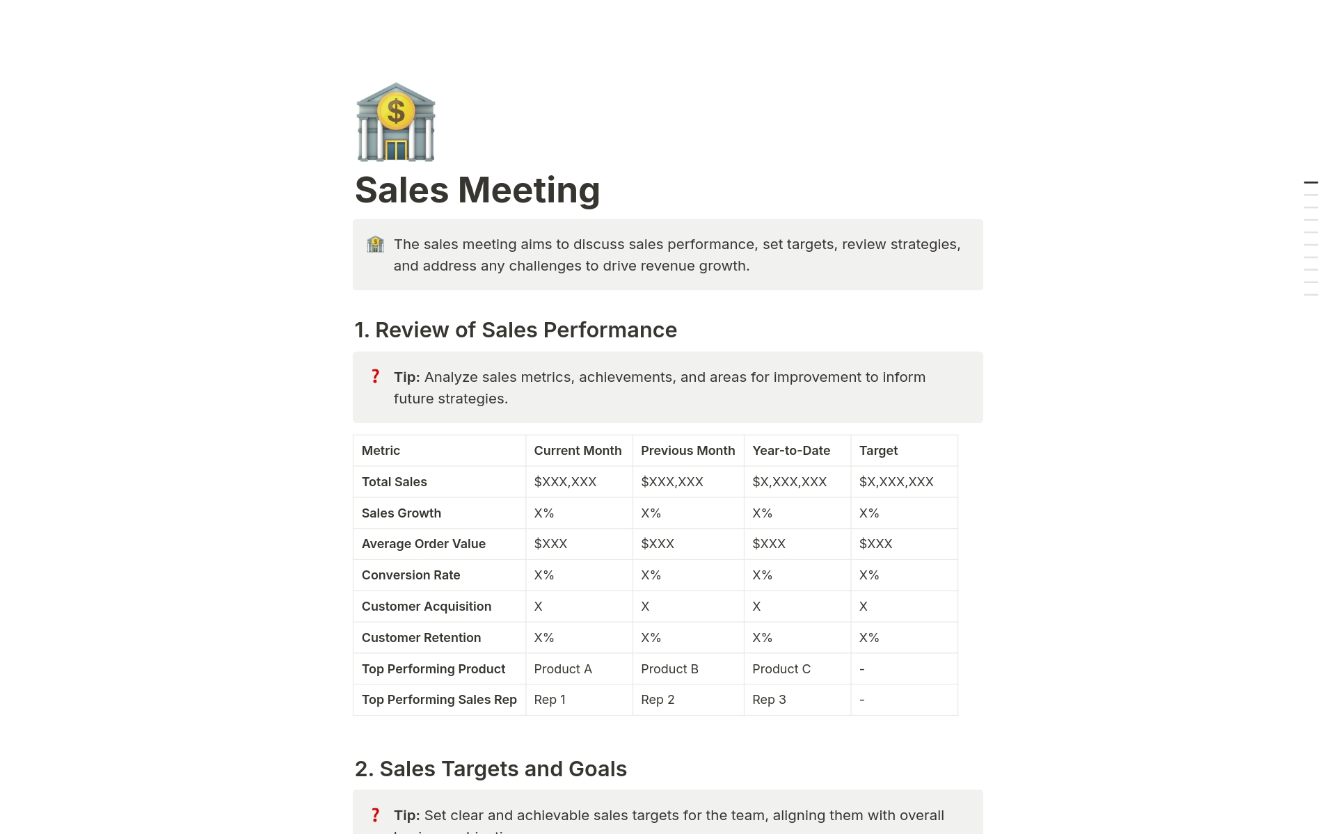 The sales meeting aims to discuss sales performance, set targets, review strategies, and address any challenges to drive revenue growth.